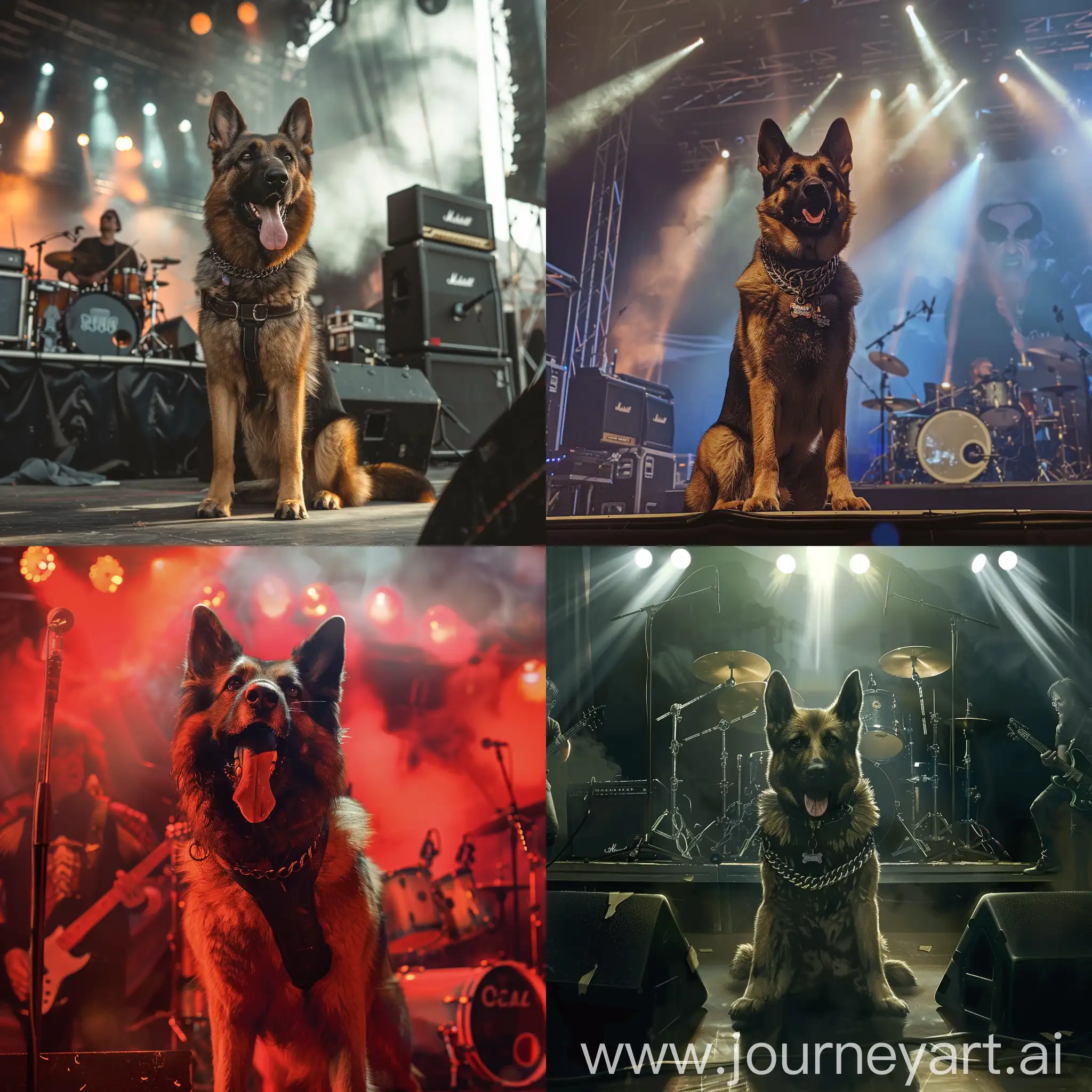 German shepherd as leader of a rockband on a concert stage