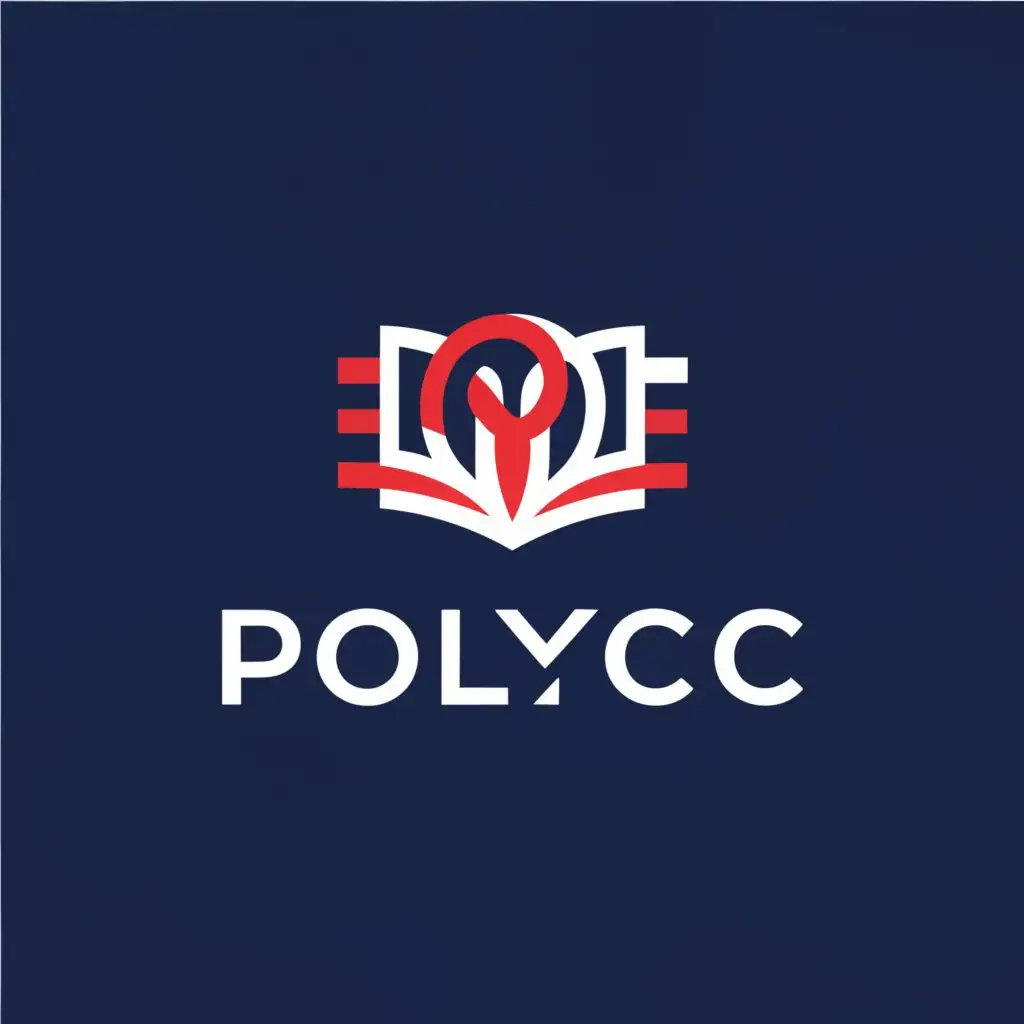 a logo design,with the text "POLYCC", main symbol:color navy blue: R-46, G-49, B-146
color red: R-237, G-28, B-36, book, knowledge, globe,,Moderate,be used in Education industry,clear background