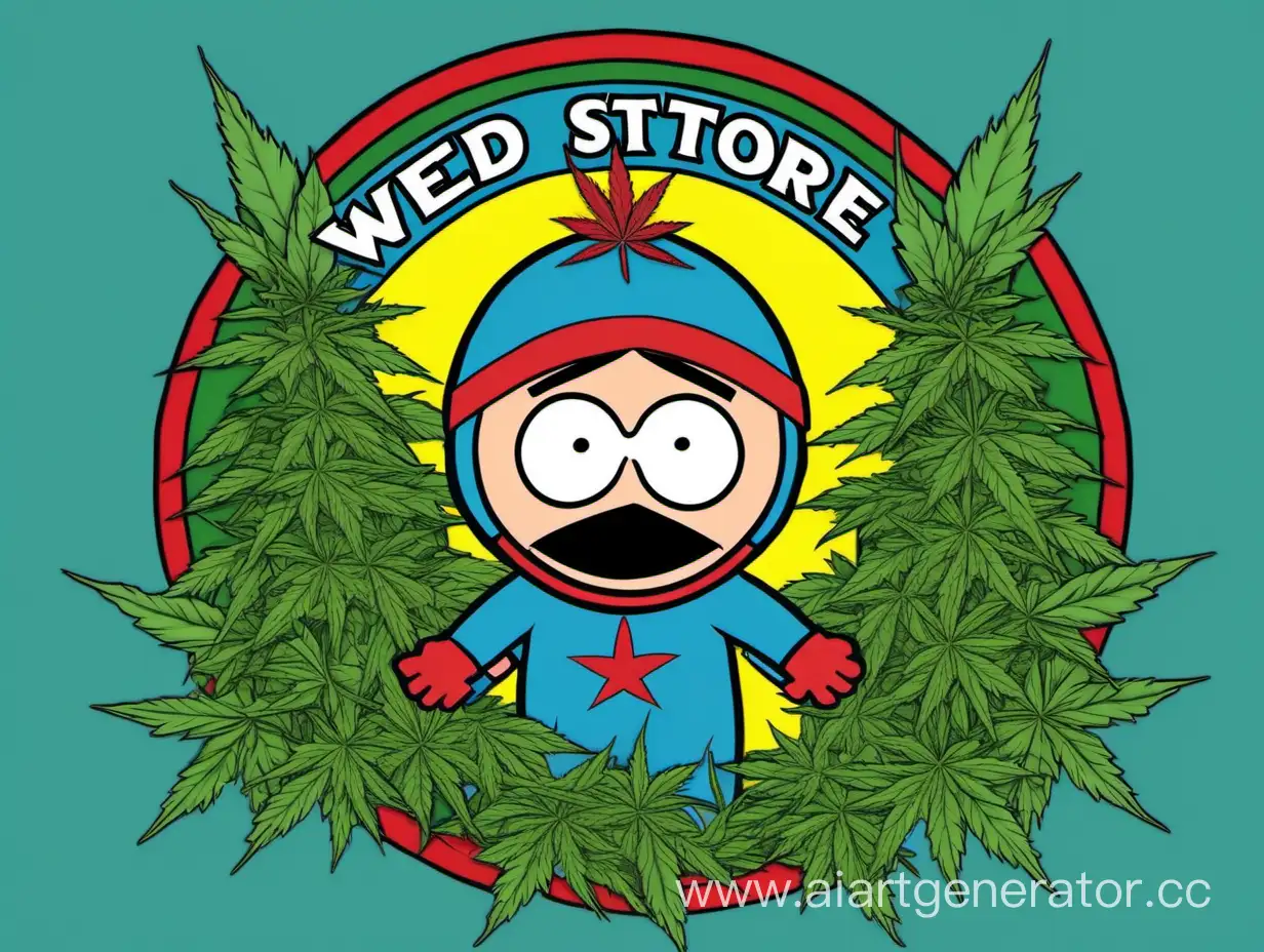 Weed store logo with With an emphasis on character   towel towelie Steven from south park with marijuana tree's on background in blue and red colors