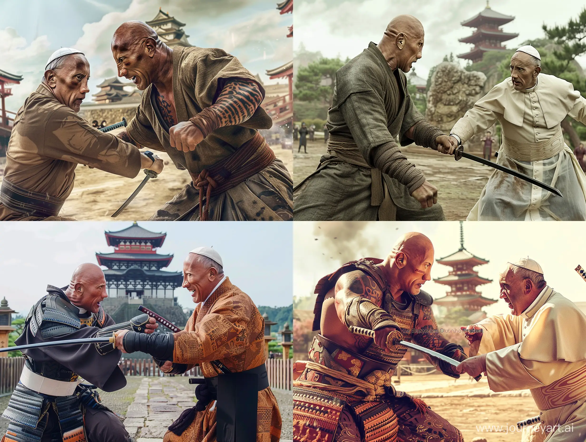 American actor Dwayne Johnson is dressed as a samurai and fighting Pope Francis, in old Japan, outdoors, a distant view of a Japanese palace, full body ,realistic 