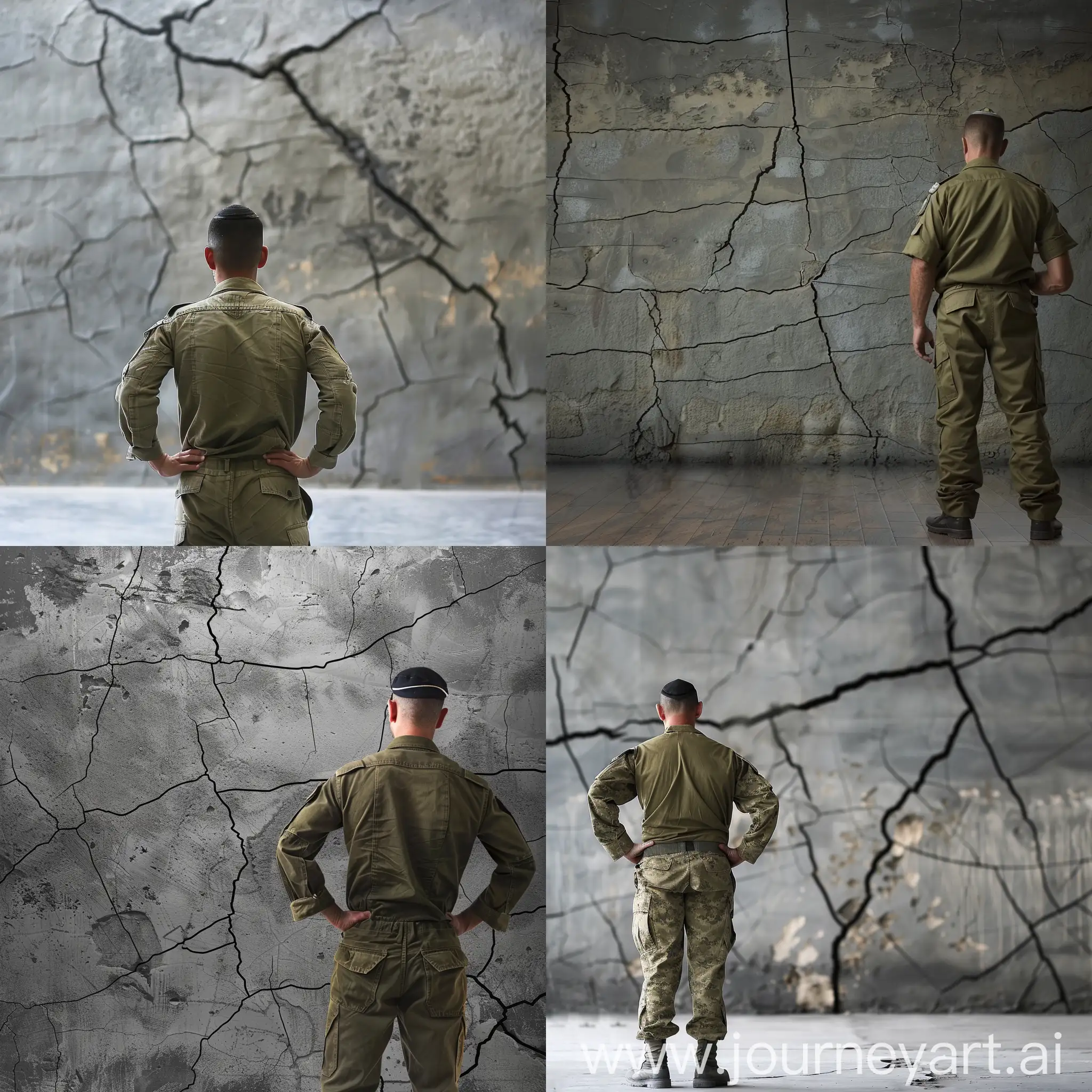 An Israeli soldier in a straight position with his hands back. In the background, there is a cracked gray wall