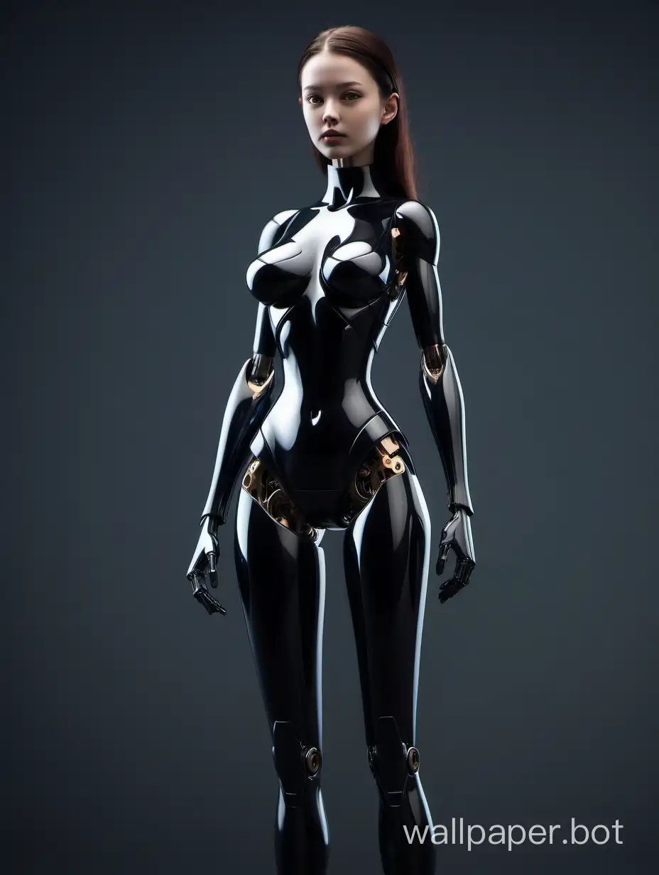 she stands exactly in full height, the female form of an android, large brunette hair, an ordinary beautiful girl, the body of an android, the color is matte black minimalistic design, technological details joints, an oboe-like body shape, but made of black plastic, arms and legs are qualitatively drawn, the background is gray smooth, 3d model, rendering, this an image with high-resolution photographs taken using an 85 mm lens to obtain an attractive angle (high quality of the face) (best shadows), complex details, cinematography, characteristics, dynamic shadows, the required level of detail {high} with a resolution of {4K}, highlighting {sharp facial features and stylish clothes}, beautiful lighting, photography in RAW format, 8k uhd, film grain, ((bokeh))  full body image
