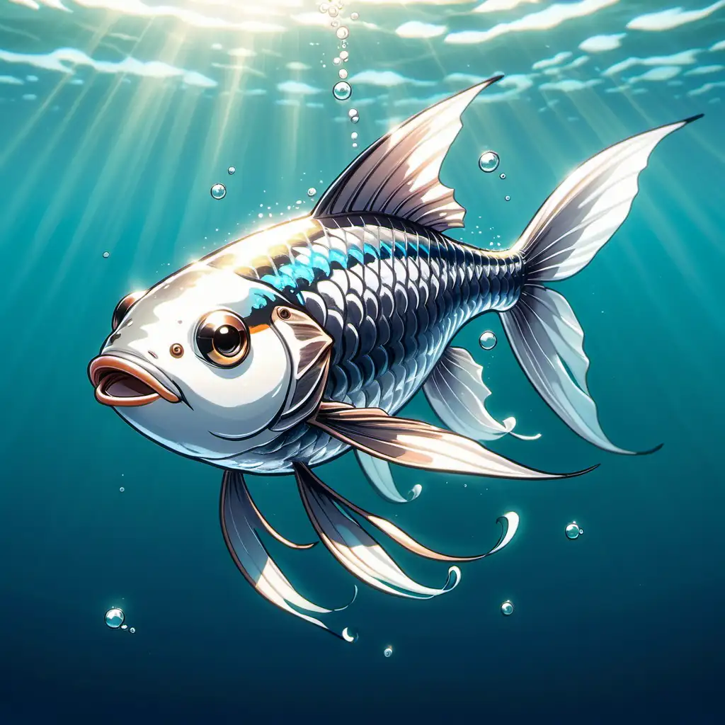 Kawaii stil, Illustration: 
Japanischer Flugfisch (Tobiuo):
Ein silbrig glänzender Fisch mit großen, ausladenden Brustflossen, die ihm helfen, über das Wasser zu gleiten. Flugfische springen aus dem Wasser und gleiten dann für kurze Strecken über die Oberfläche. Sie sind faszinierende Meeresbewohner, die oft in großen Schwärmen auftreten.