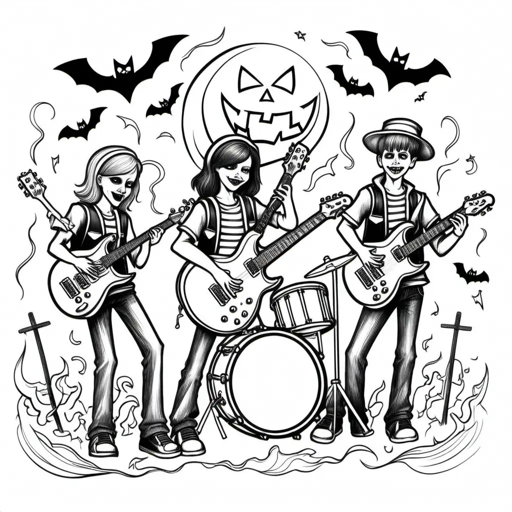 Black and White Halloween Teen Band with Guitar and Drums Coloring Page