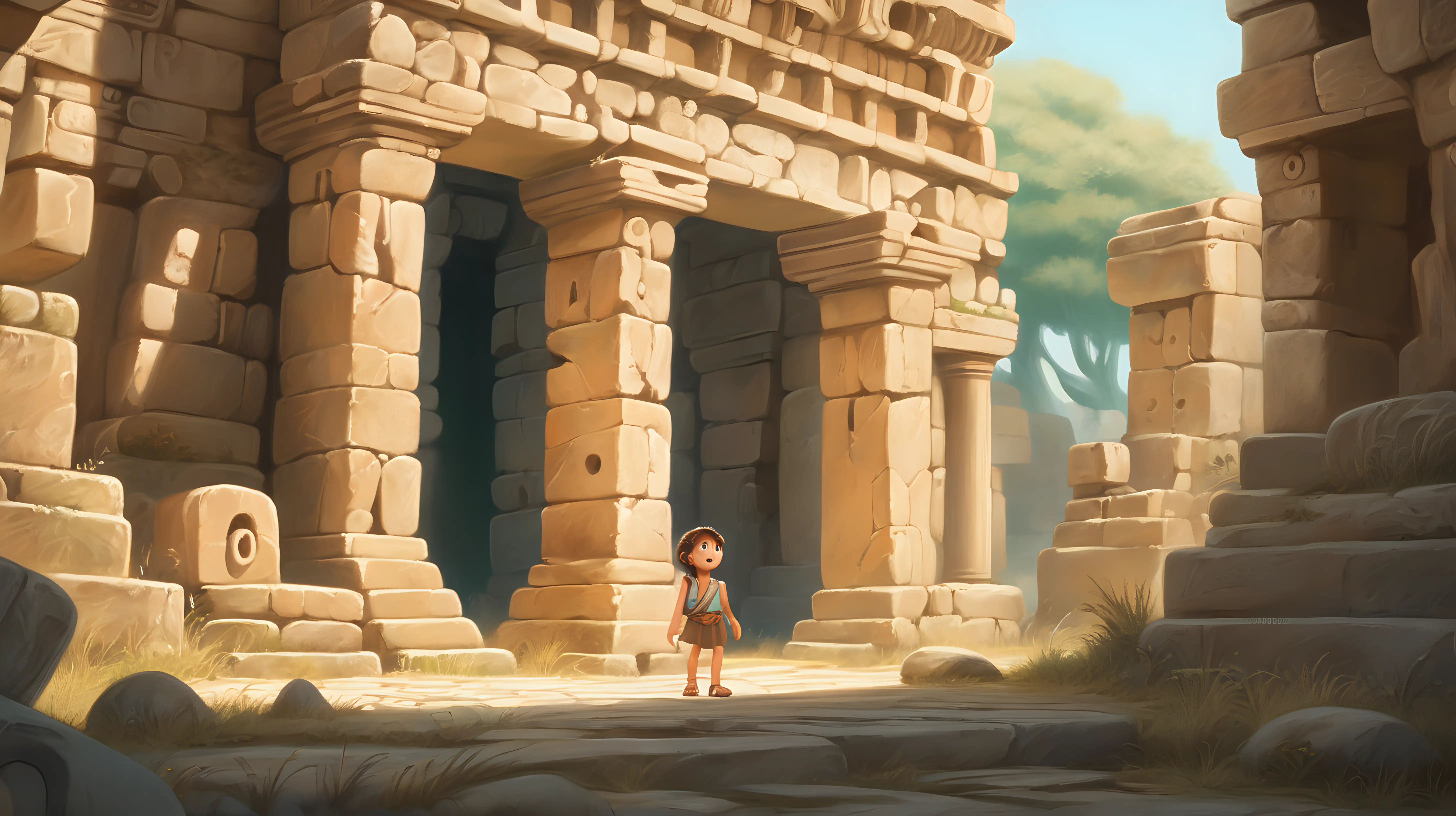 A lovable, small character with a playful demeanor, engaging in a game of hide-and-seek among ancient ruins.