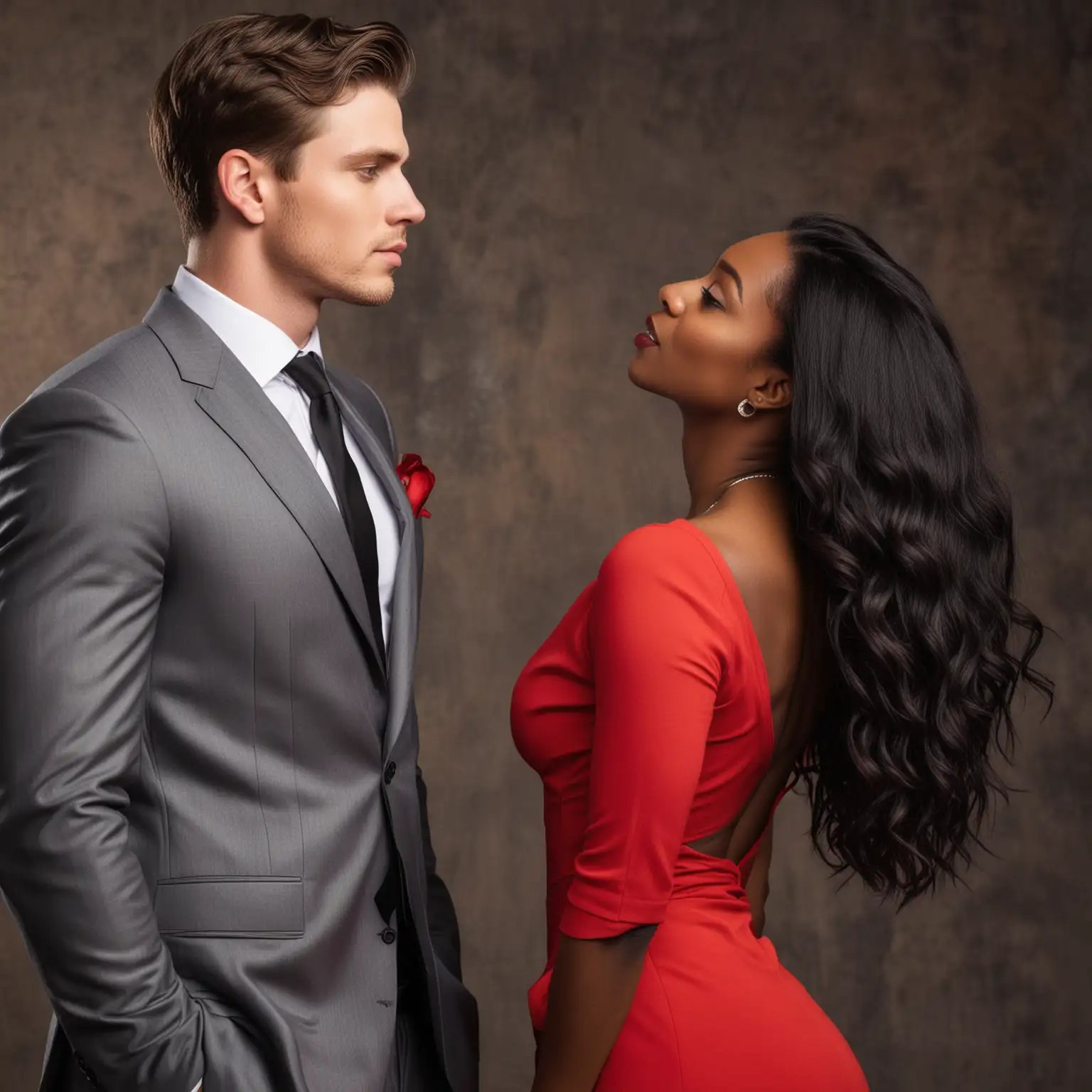 interracial romance couple, dark haired gorgeous 
white male model in suit looking at gorgeous black woman in red dress who is looking up at him, sensual







