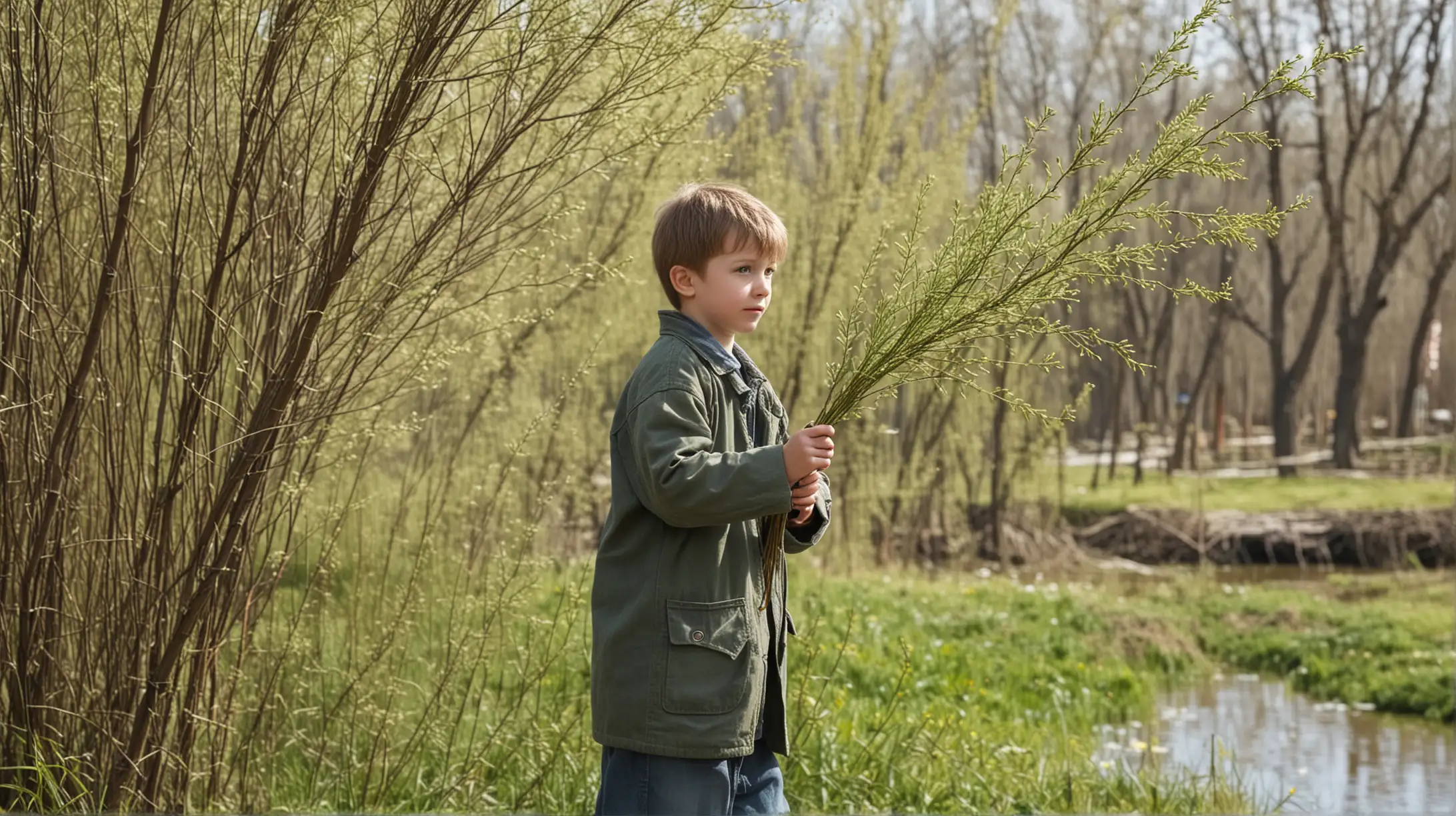Boy Playing with Willow Branch in Springtime Meadow