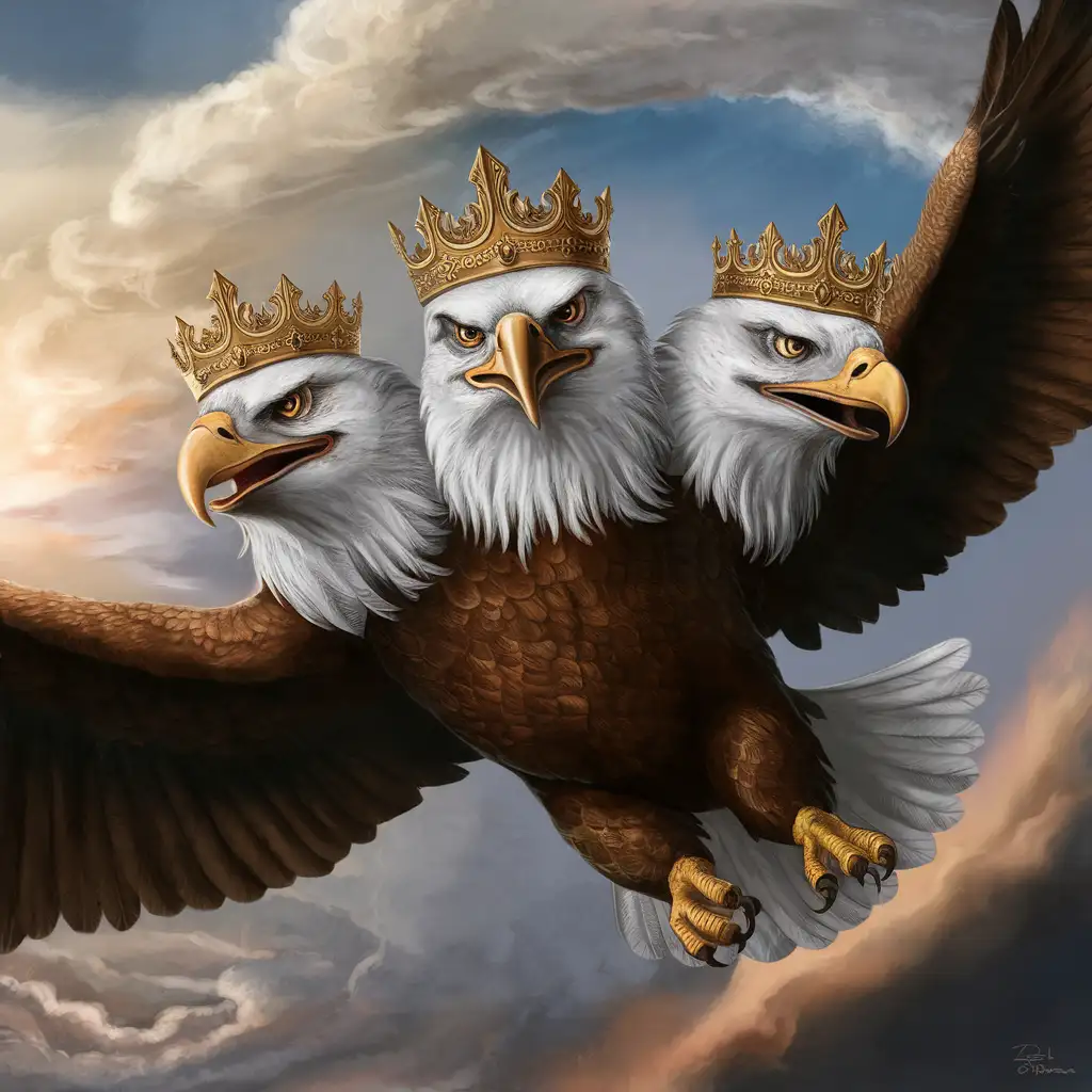 flying three-headed bald eagle
in crowns