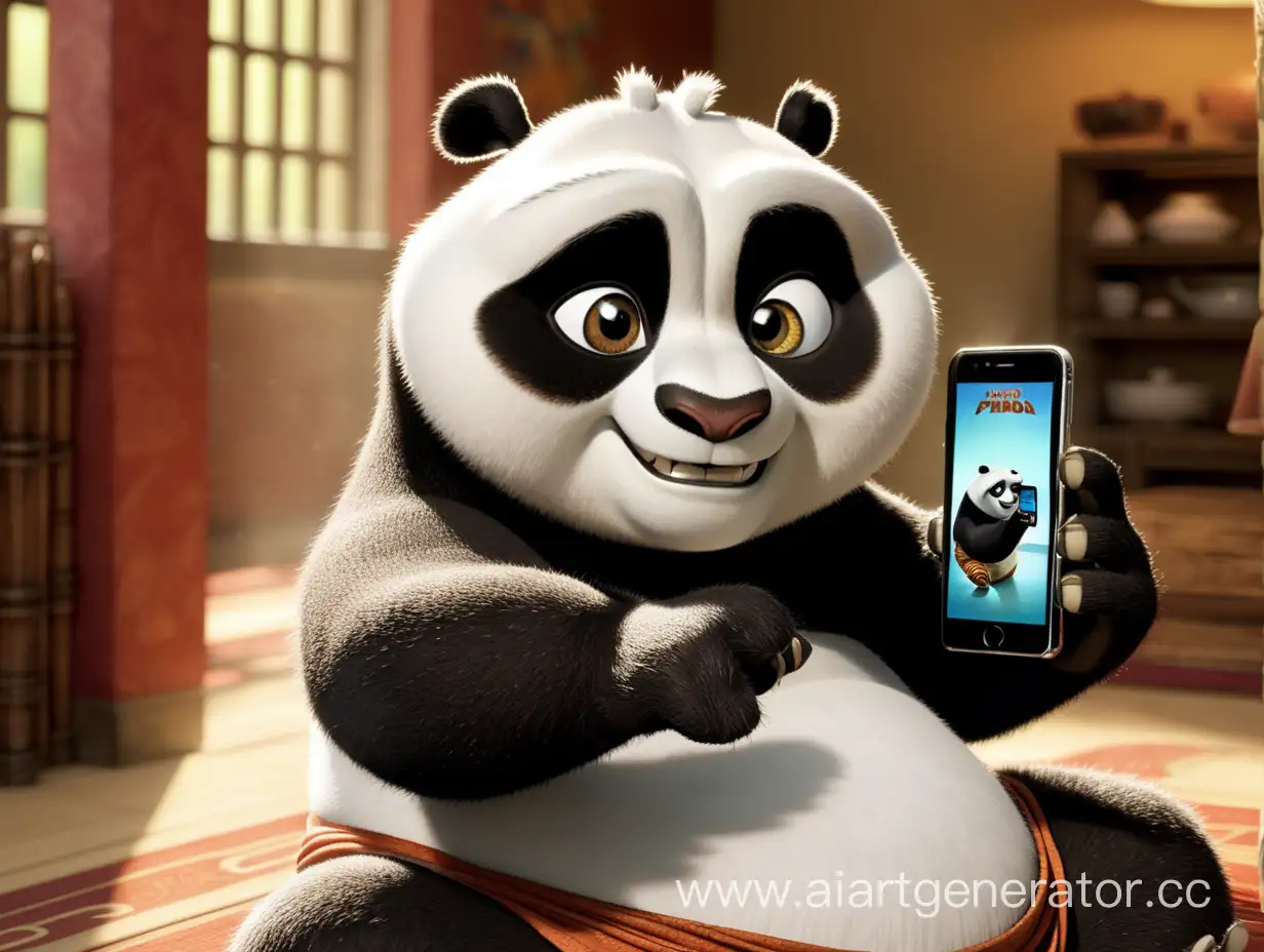кунг-фу панда пользуется телефоном

