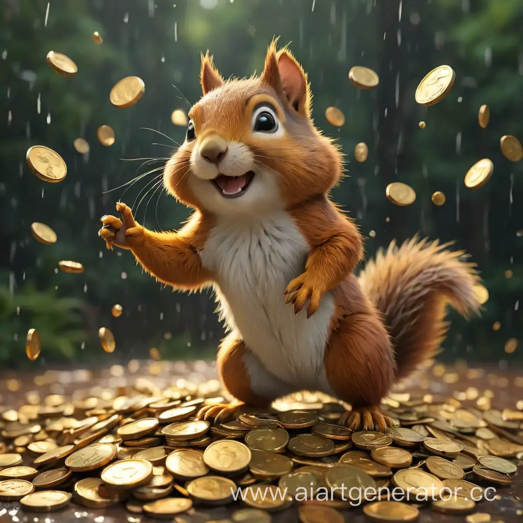 белка танцует на куче золота под дождем из монет