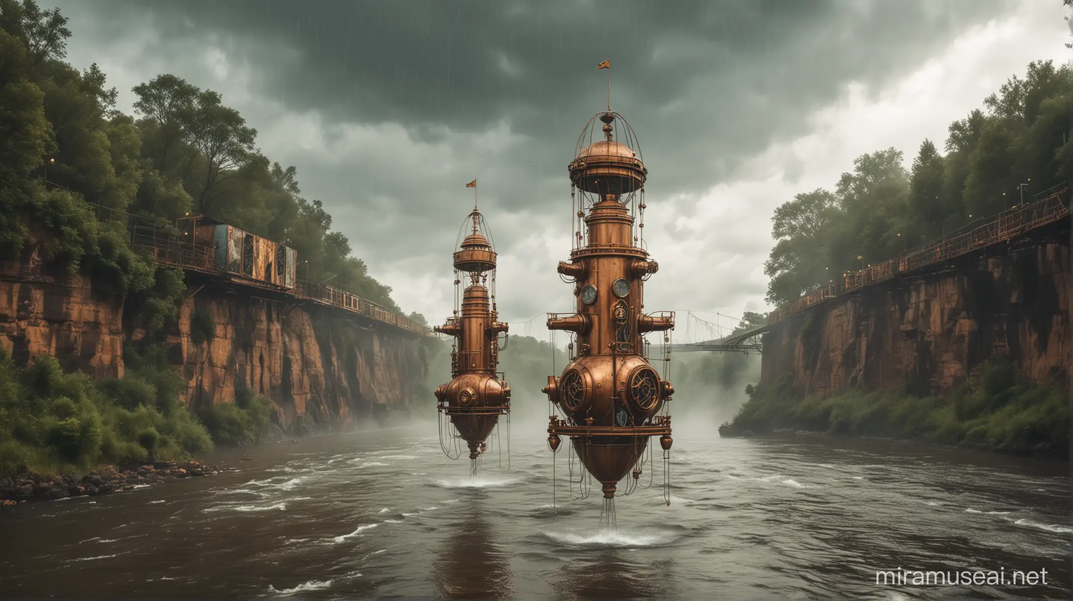 two steampunk rotodynes over the river, rotodynes made of copper and brass, cloudy and rainy, many water particles in the air