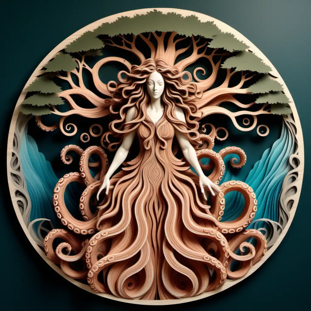 Poseiden wrapped in an octopus dressed in flowing clothes with long curly hair beside a majestic realistic tree showing wood grain, multilayered cut, wood grained color, symmetrical design, mandala, paper cut, animals flying 