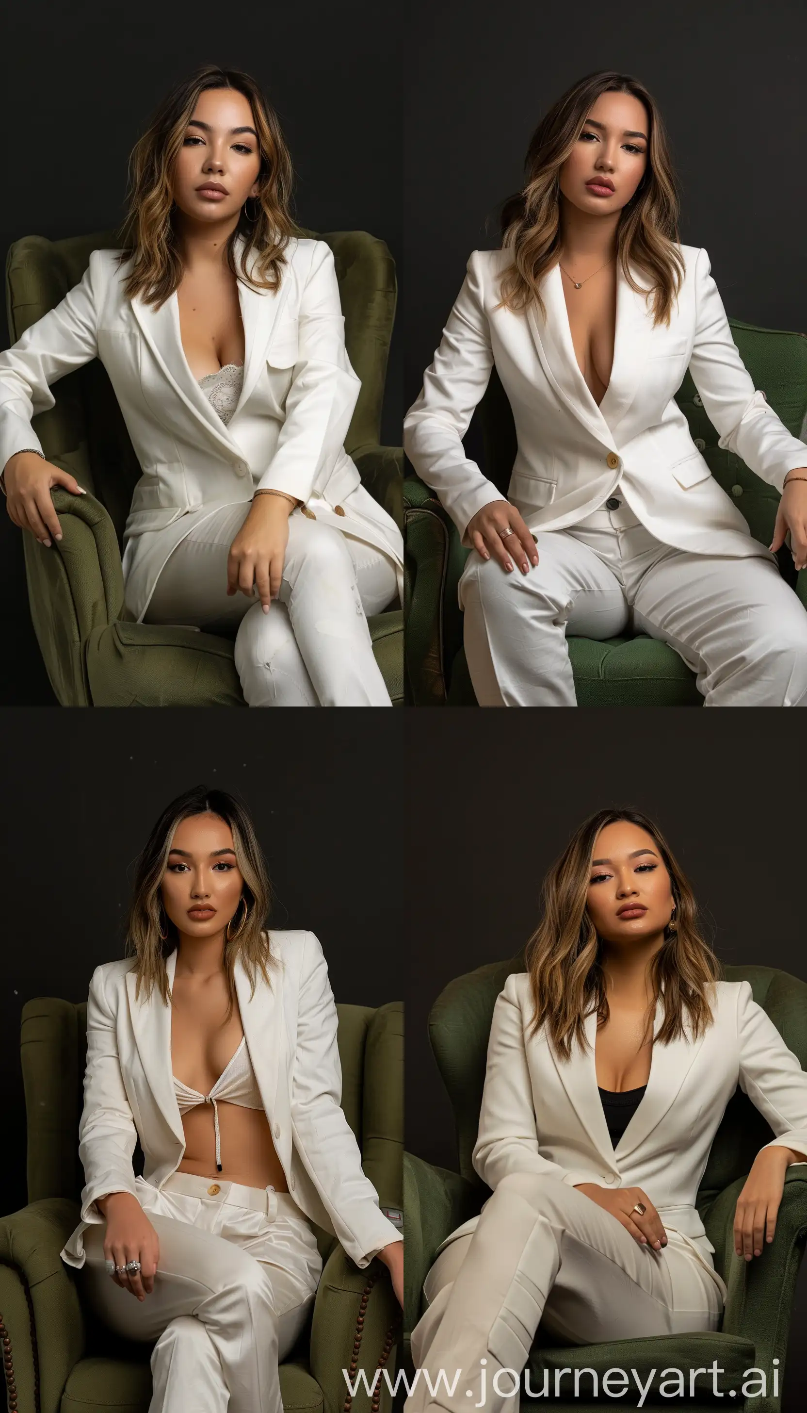 A stylish woman with medium-length hair and wearing white striking boss poses in a professional studio photoshoot, with an olive skin tone, female blazer, Sitting in a green armchair --sref https://i.pinimg.com/564x/9b/c2/fd/9bc2fdb30987be4b66d3b188650ed168.jpg --style raw --v  6 --ar 4:7 