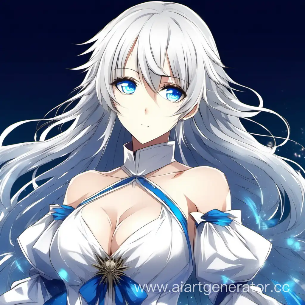 anime girl with blue eyes and white hairs. with big chest. in white and blue dress