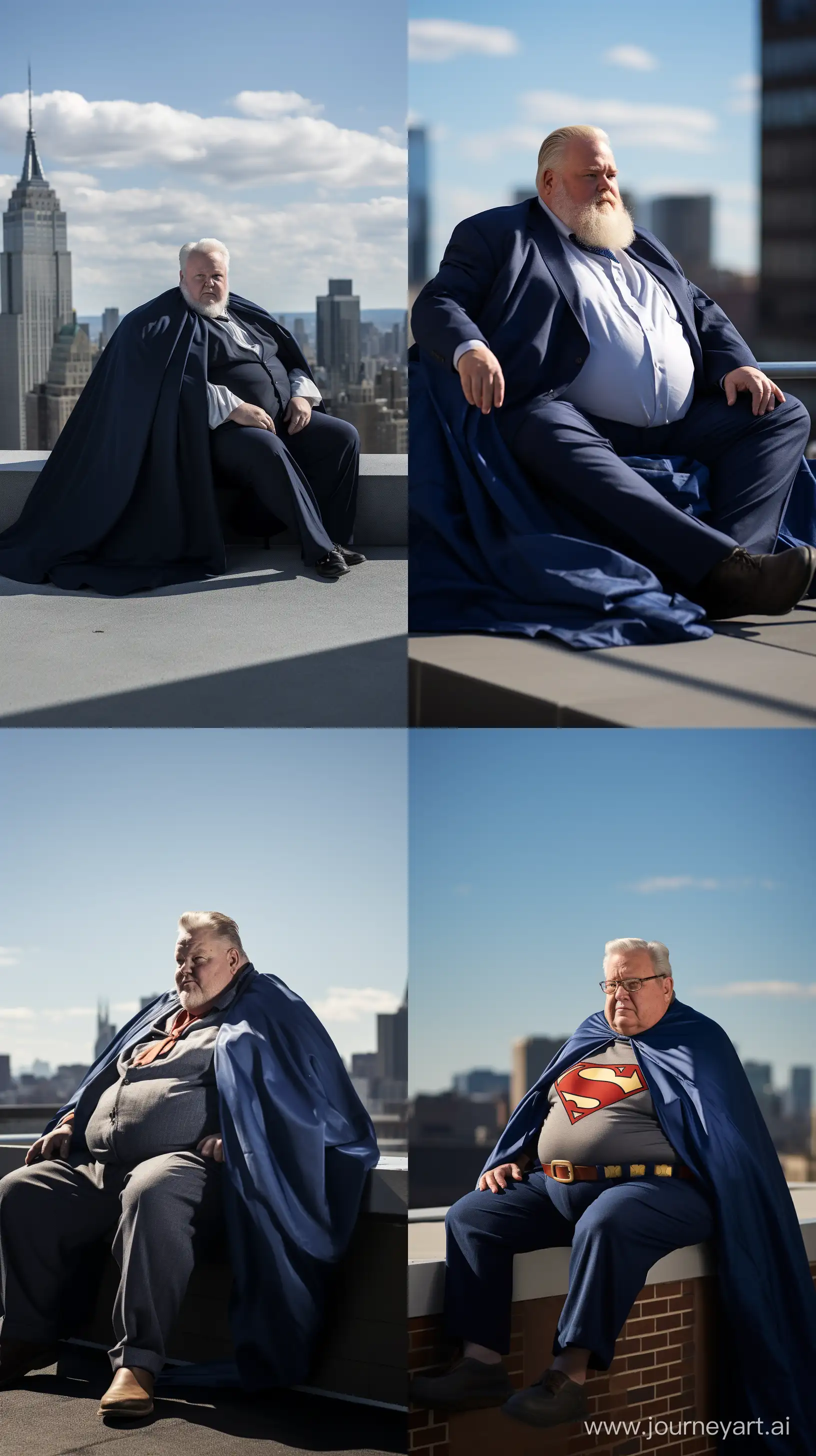 full-body shot photo of a fat 70 years old wearing a navy cape, sitting on a rooftop in broad daylight, extremely well-lit, tucked shirt in navy business pants, sharp-focus, high-quality, highly detailed clothes and skin, award-winning photograph, Canon EOS 5D Mark IV DSLR, f/8 aperture, 1/125 second shutter speed, ISO 800, professional lighting setup, Adobe Photoshop, attention to detail::3 --ar 9:16
