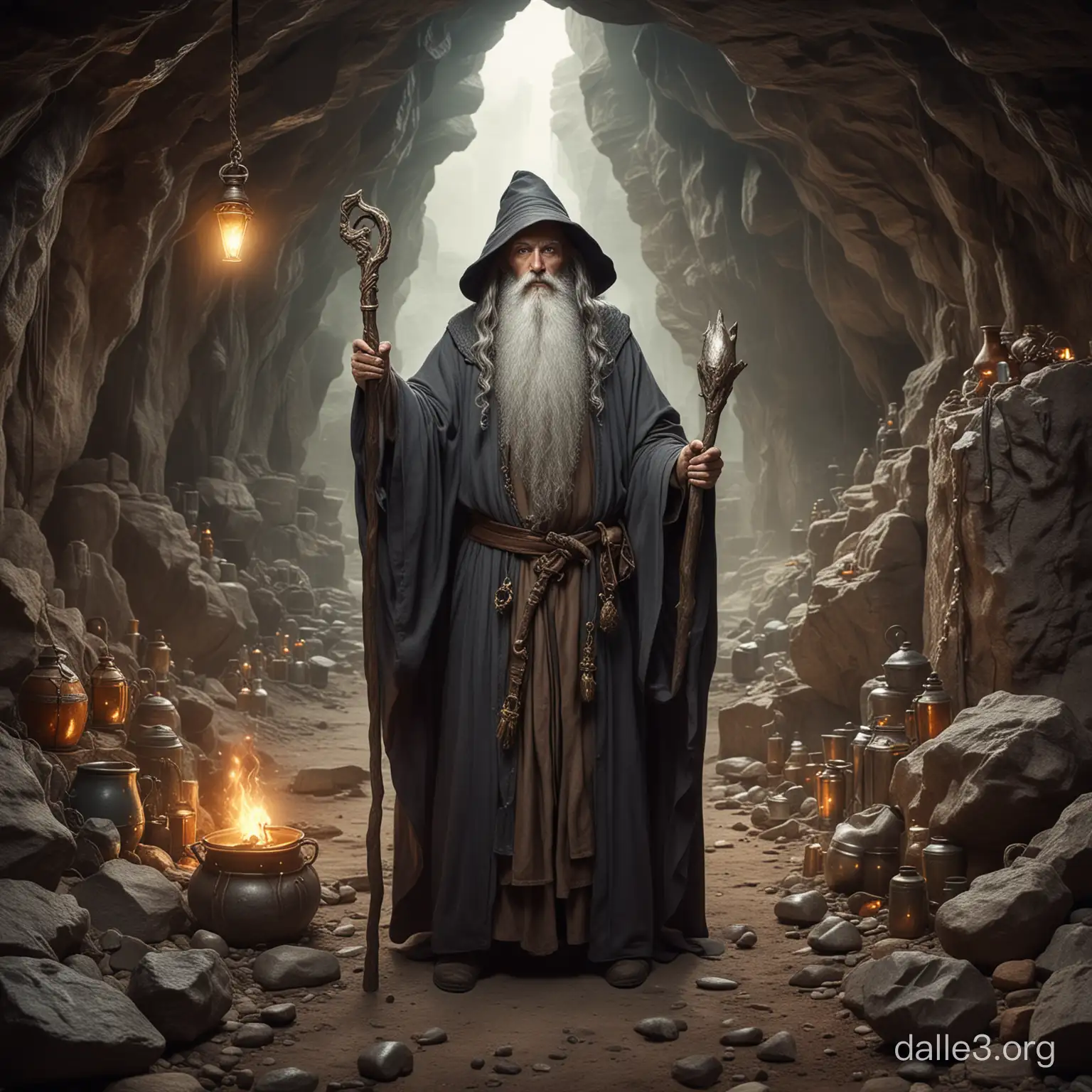 An ancient wizard with a long robe and a large magic staff and grey long beard brewing potions in a cave