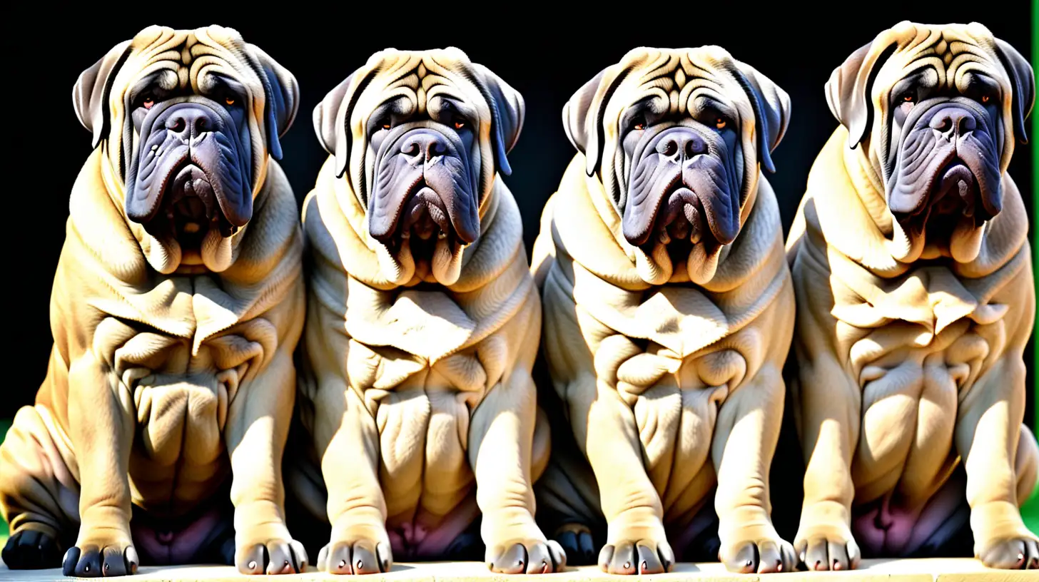 Four mature English Mastiffs sitting alongside each other