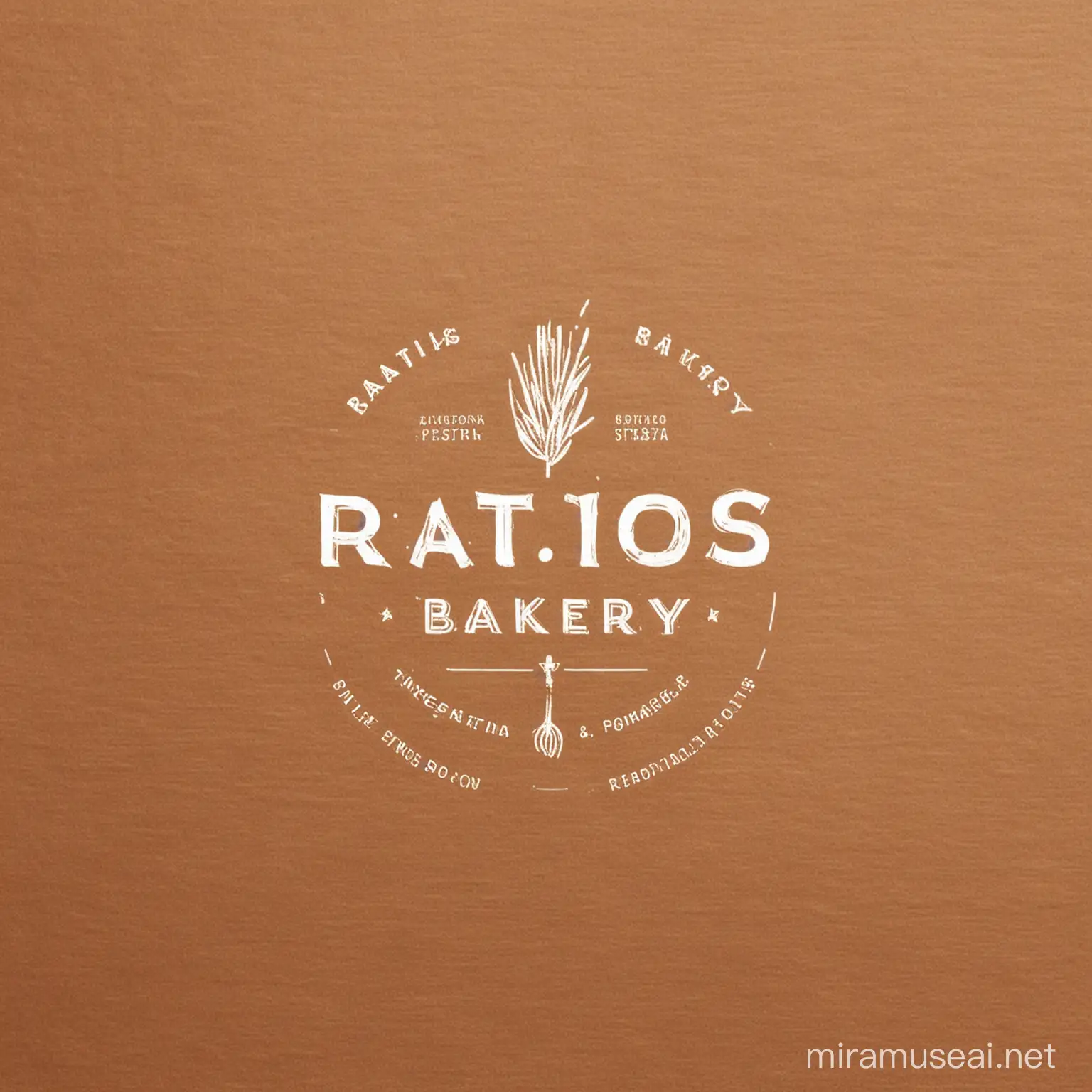 logo for Ratios bakery/resturant that demonstrate the identity of the brand which is using simple ratio between three ingrediants to make all the products fresh and from scratch. the logo is simple with colors of browns including some simple elements such as whisk or dough roller. 