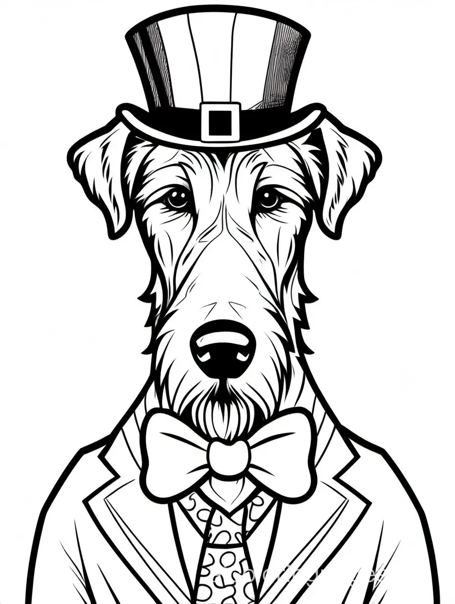 Irish wolfhound wearing bowtie for St. Patrick's Day for kids dont coloring, Coloring Page, black and white, line art, white background, Simplicity, Ample White Space. The background of the coloring page is plain white to make it easy for young children to color within the lines. The outlines of all the subjects are easy to distinguish, making it simple for kids to color without too much difficulty