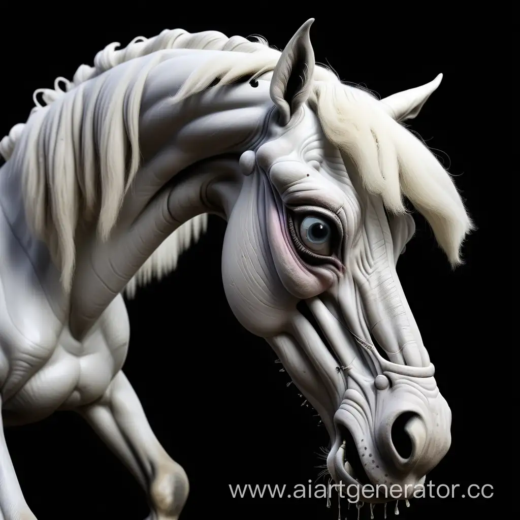 уродливая белая лошадь на чёрном фоне