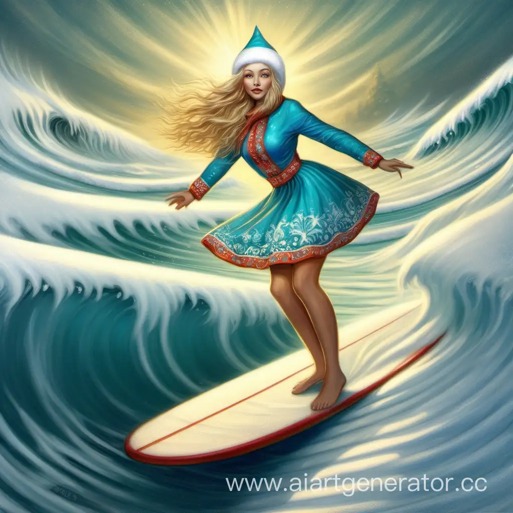 Snow-Maiden-Riding-a-Surfboard-in-Winter-Wonderland