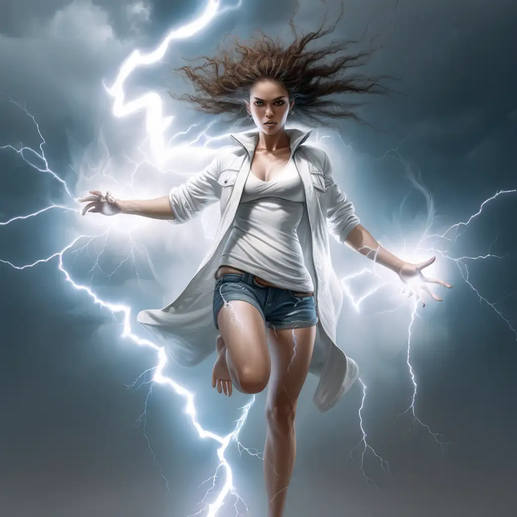 white elemental woman, floating, lightning in her hand, modern clothes, powerful, sexy