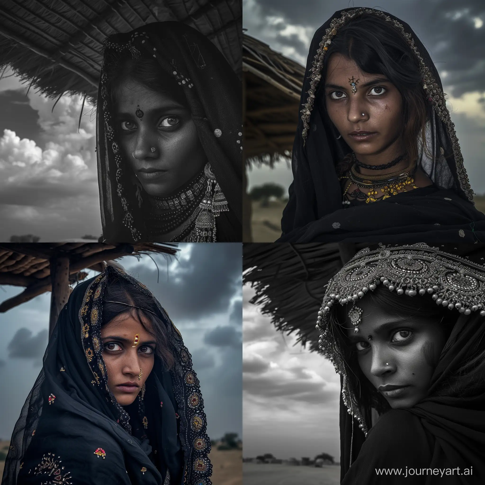 rabari women  gujarat half body  black clothing with jewerely  and beatiful eyes  with onscharp a hut soft light  and contrast cloudy sky fuji xt 5