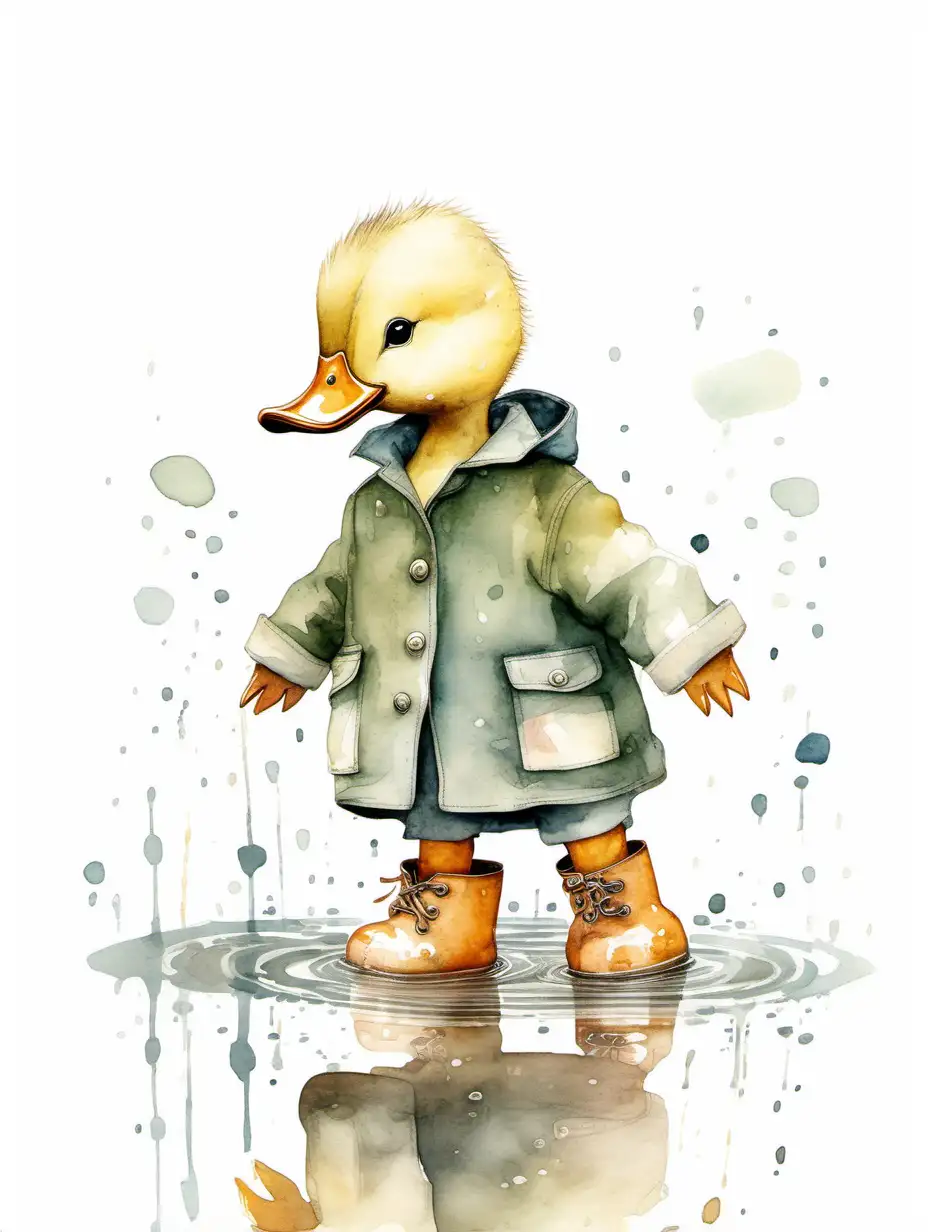 Cute baby duck wearing gumboots in puddle , subdued colours, minimal design, white background, organic tone, watercolour, style in jon klassen,