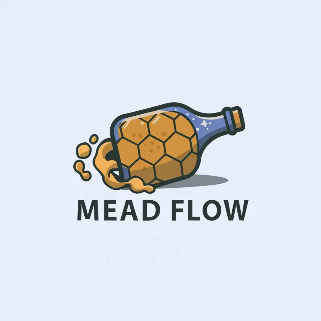 a logo design,with the text "Mead Flow", main symbol:Blue wine-like bottle with a simple golden honeycomb symbol on it, tipped up and to the left at a 45 degree angle, pouring a golden liquid,Moderate,be used in Restaurant industry,clear background