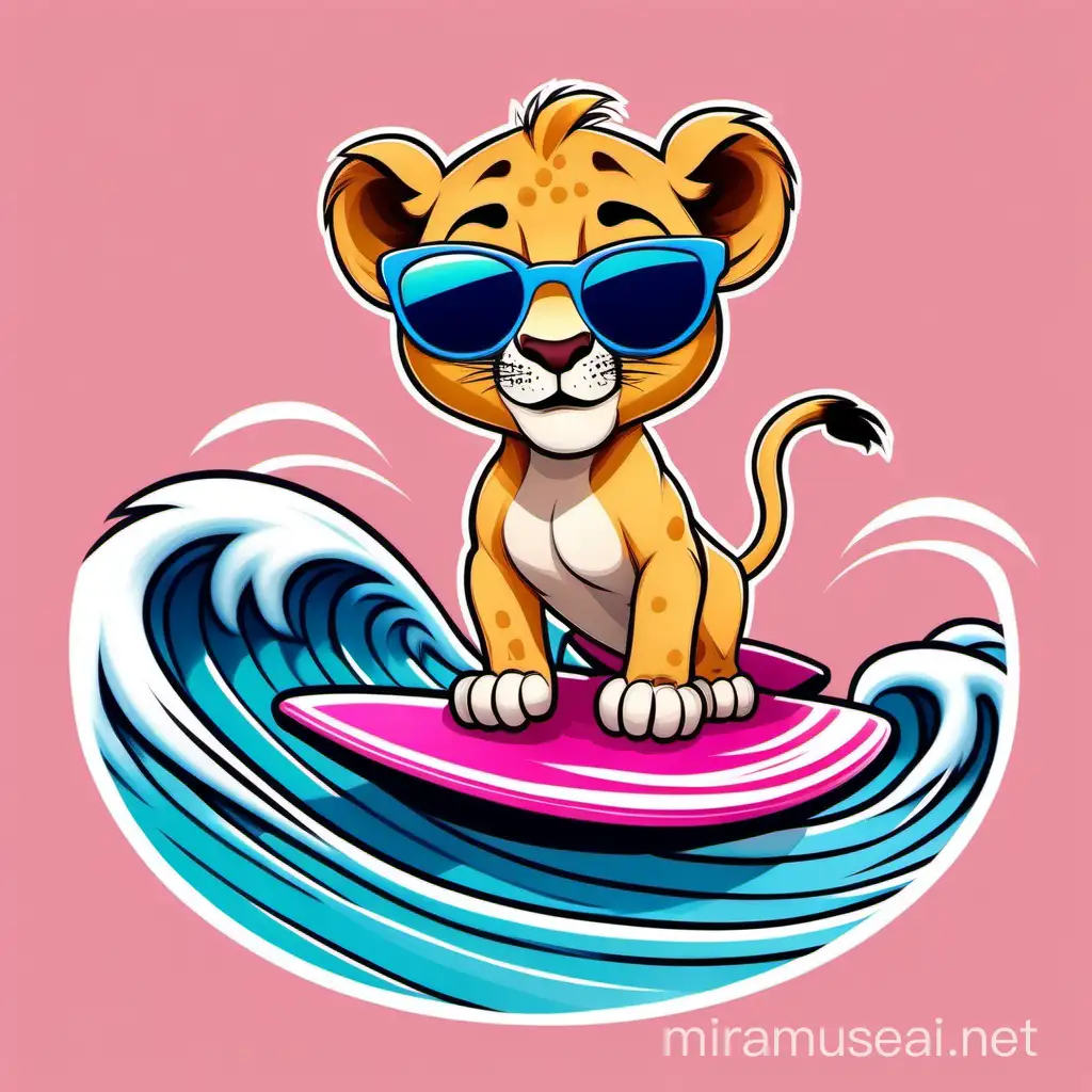  cute, chilled, happy, adorable, cartoon-like baby lioness, wearing sunglasses, surfing on a pink surfboard on top of a single blue wave, waiwing hawaian style