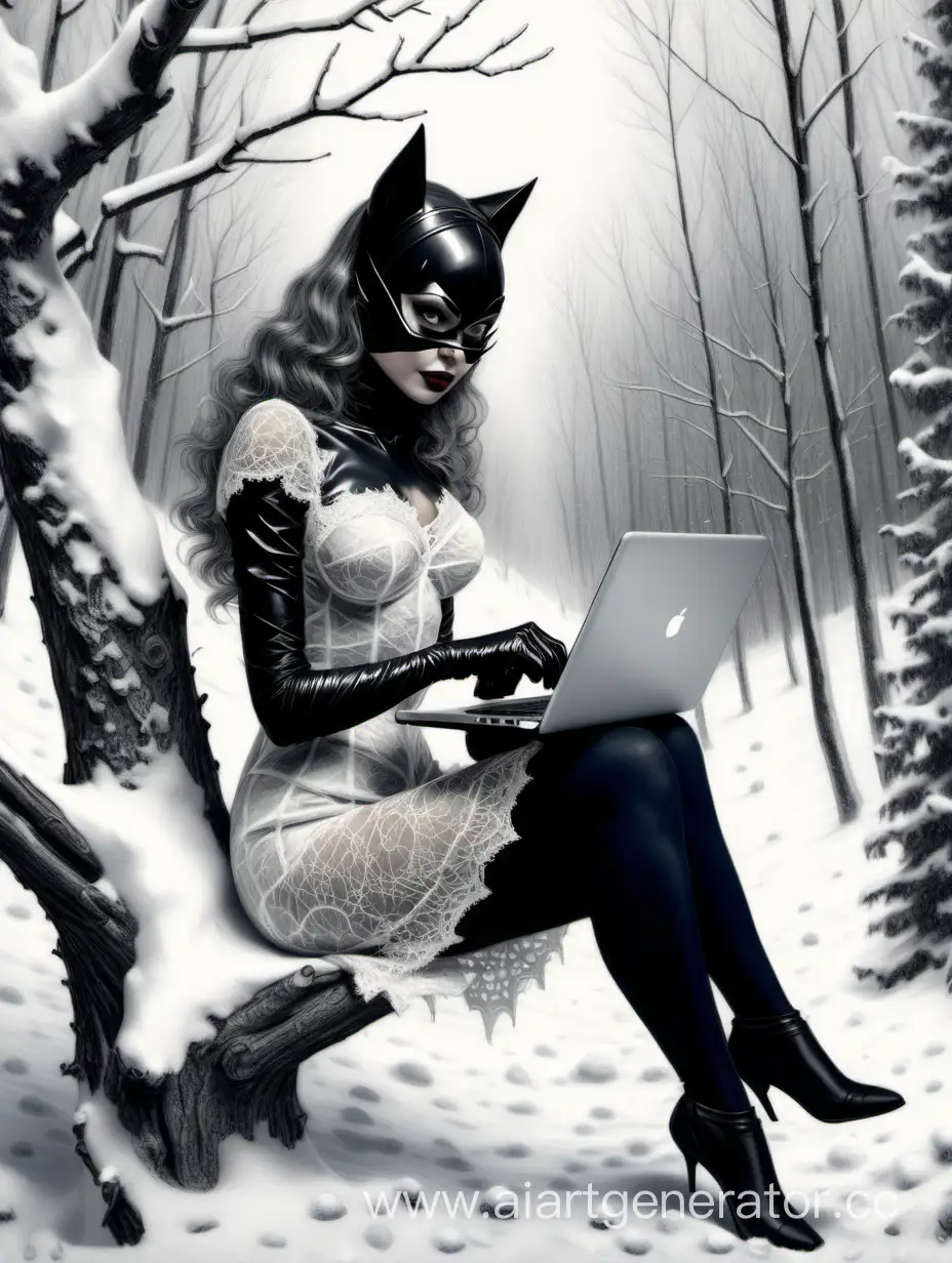 Enchanting-CatWoman-in-Snowy-Forest-HollywoodStyle-Pencil-Drawing