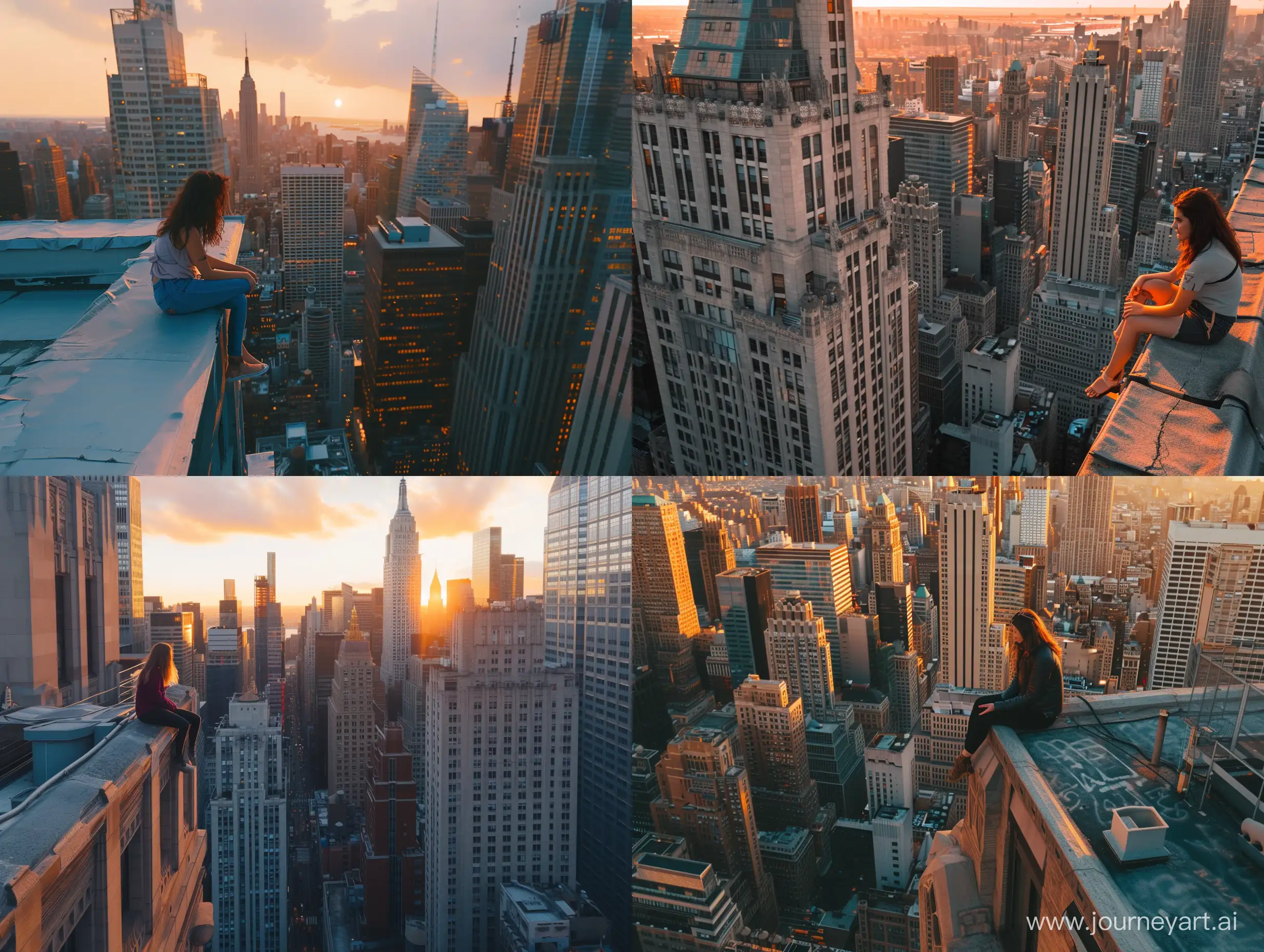 Serene-Sunset-Skyline-View-Woman-Relaxing-on-High-Rooftop-in-Bustling-New-York-City