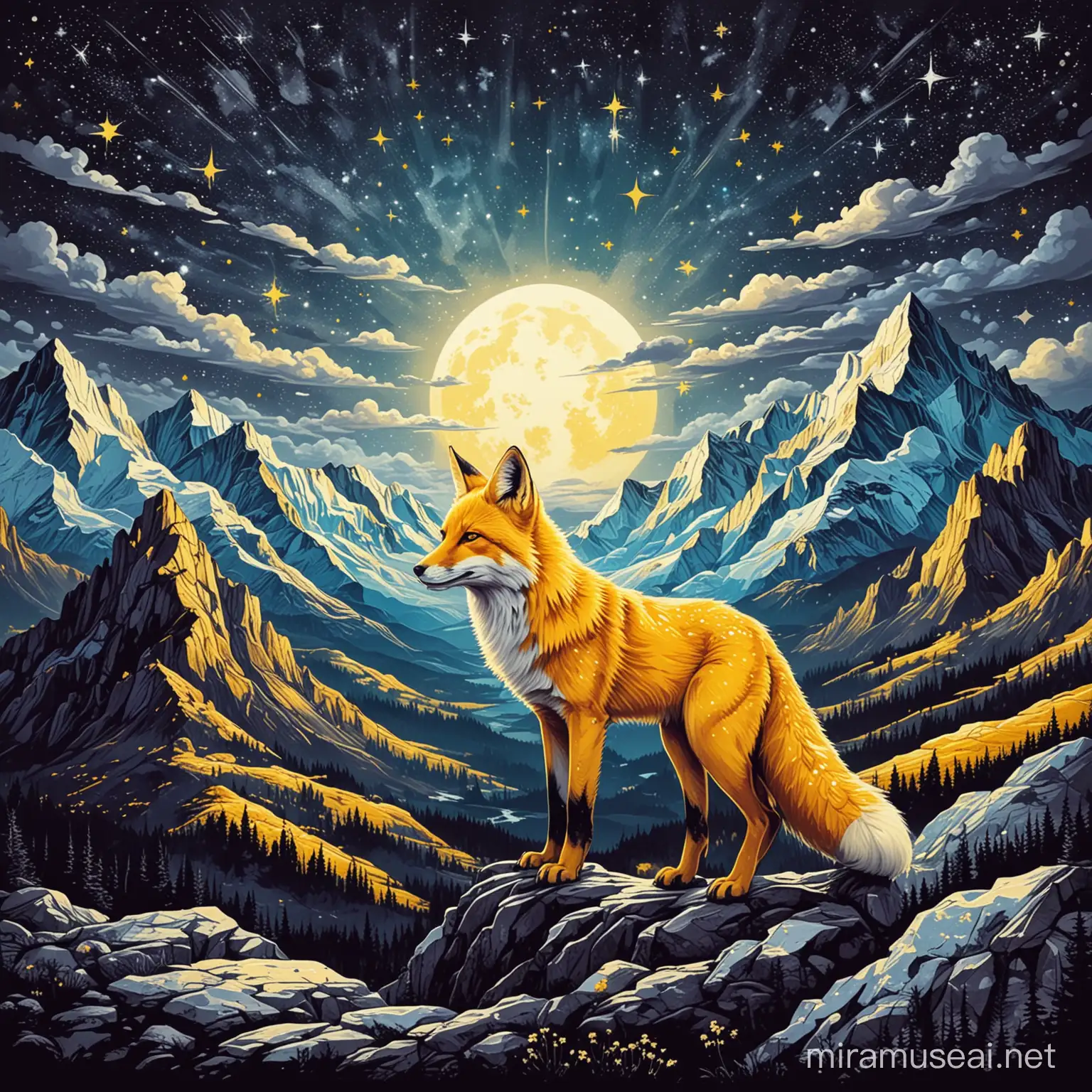 Yellow Fox in Starry Sky Pop Art Painting with Mountain Silhouette