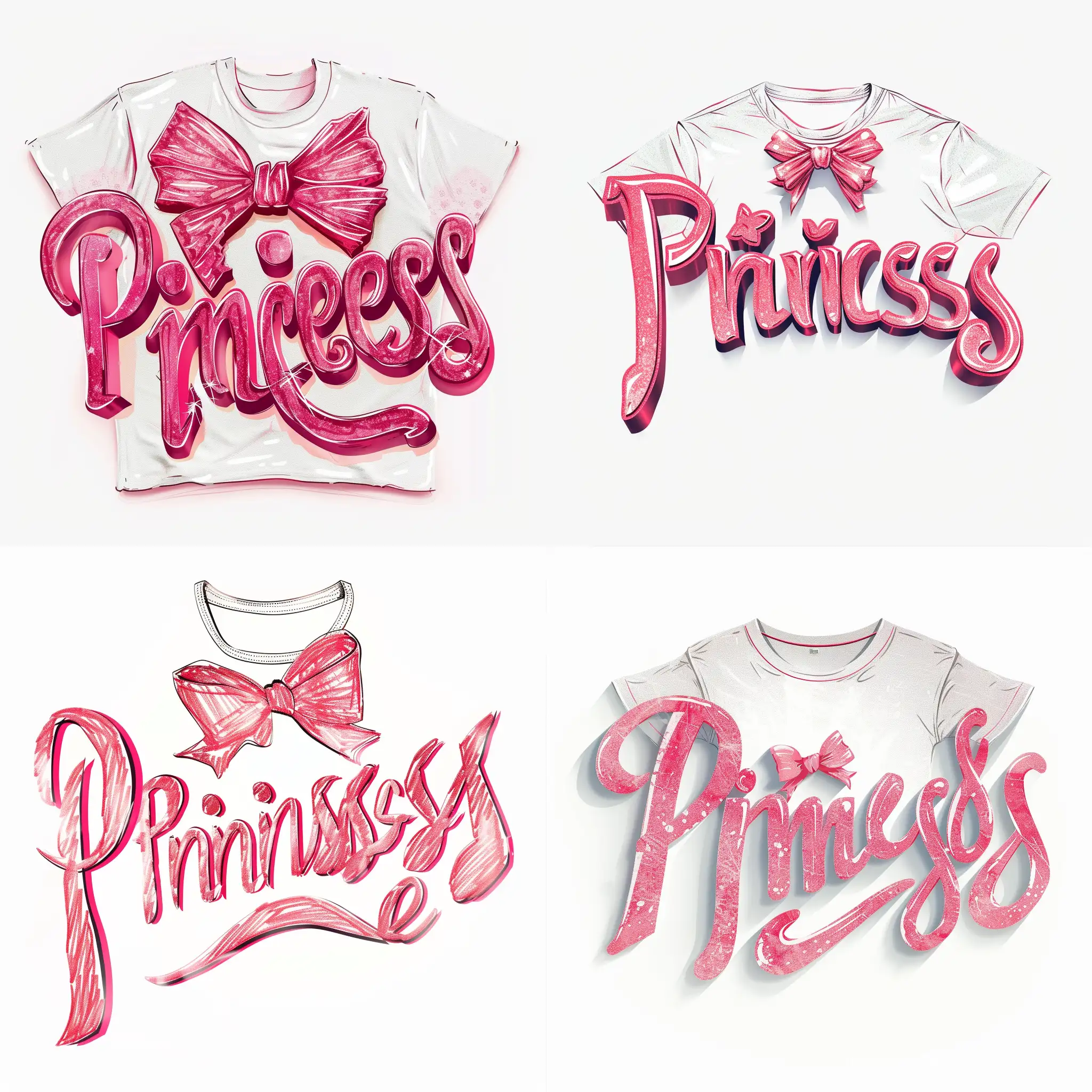 craft a t-shirt design vector showcasing cute and pretty pink typography that says "princess" with a bow to dot the "i", on a solid white background. clear crisp bold lines. all text should be easy to read, typography, 4k, illustration