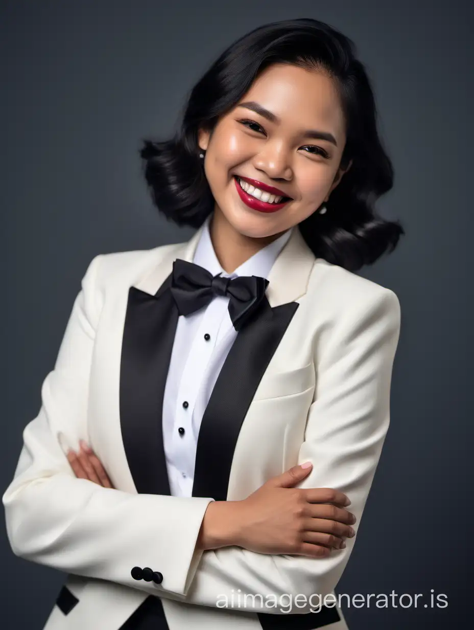 smiling and laughing Filipino woman with shoulder length hair and lipstick crossing her arms, wearing an ivory tuxedo with (black pants), wearing a white shirt, wearing a black bow tie, wearing black cufflinks
