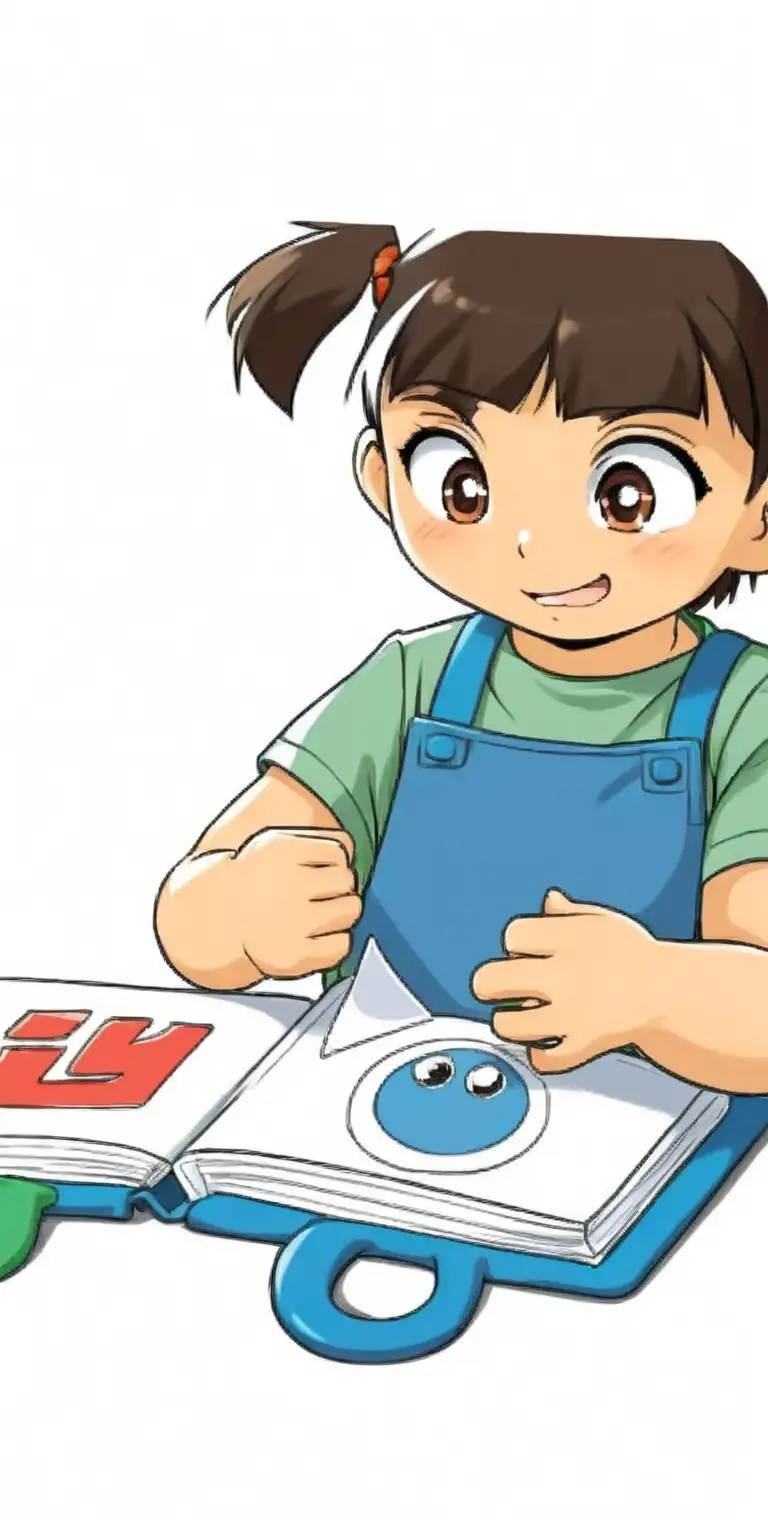 3 years old child playing with a soft book at a table, the eyes are opened, anime style