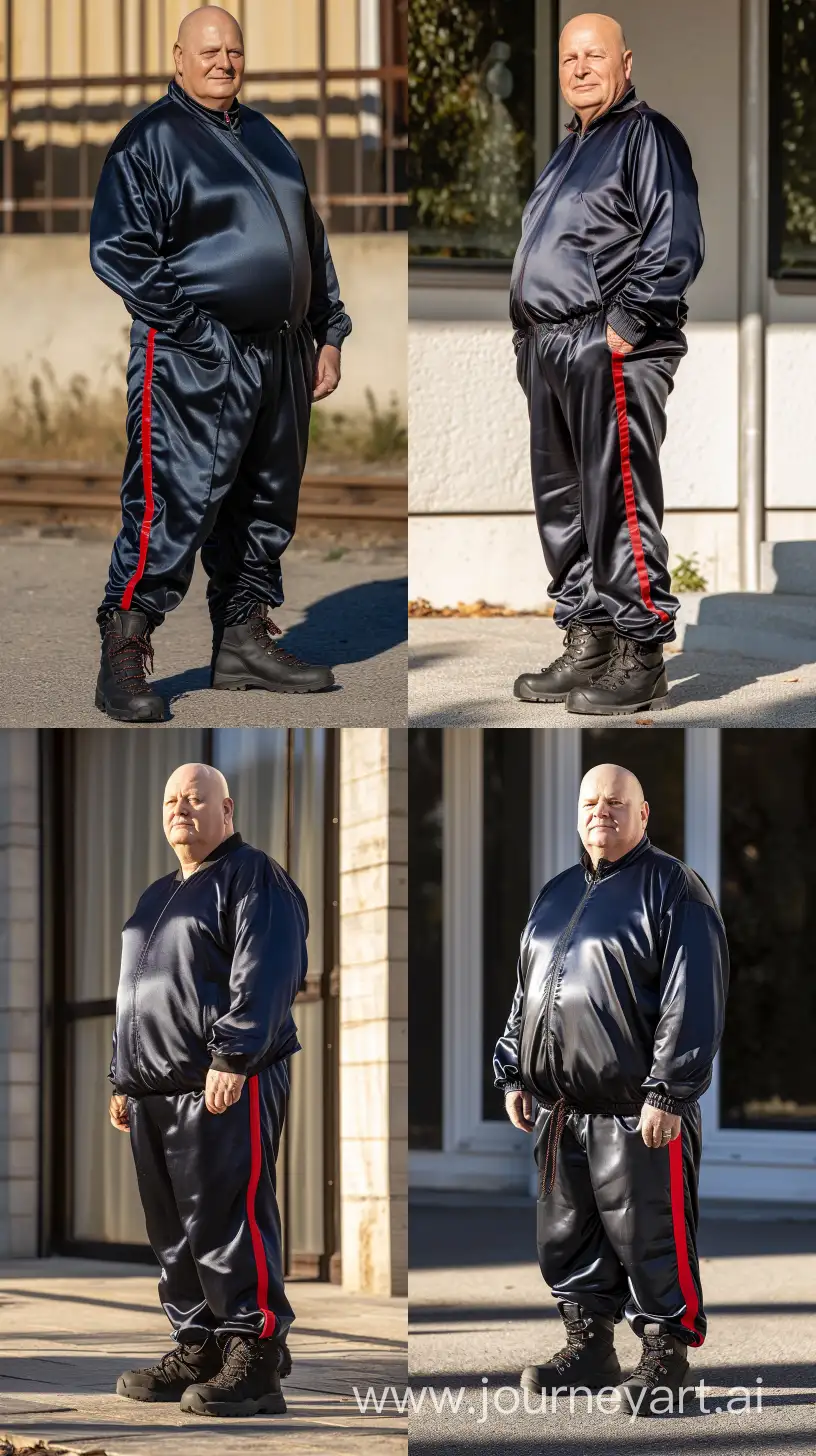 Fashion front view photo of a chubby man aged 70 wearing a silky navy tracksuit. There is a red vertical stripe only on the side of the pants. Black Hiking Boots. Direct Sunlight. Bald. Clean Shaven. Outside. --style raw --ar 9:16 --v 6