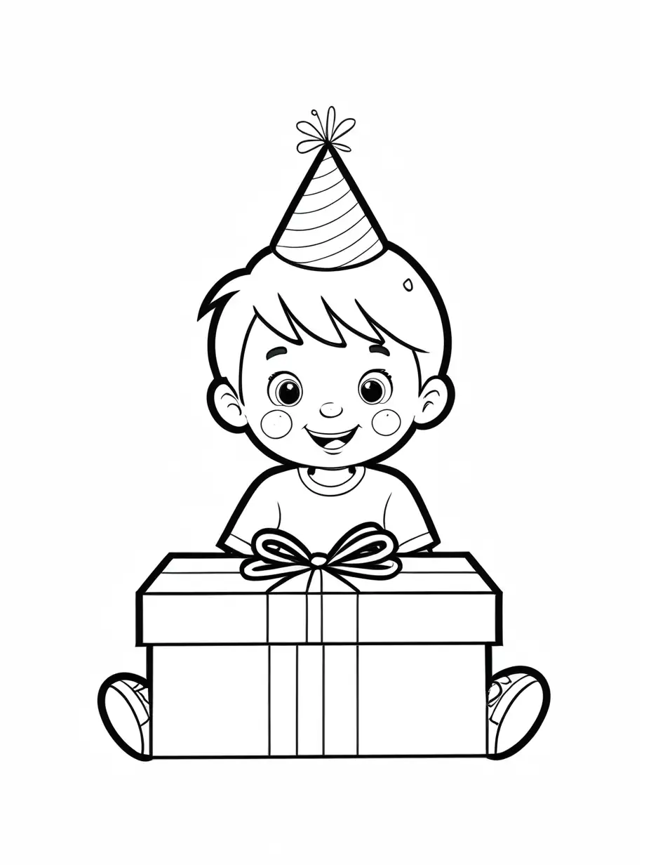 a little boy opening his birthday present, Coloring Page, black and white, line art, white background, Simplicity, Ample White Space. The background of the coloring page is plain white to make it easy for young children to color within the lines. The outlines of all the subjects are easy to distinguish, making it simple for kids to color without too much difficulty