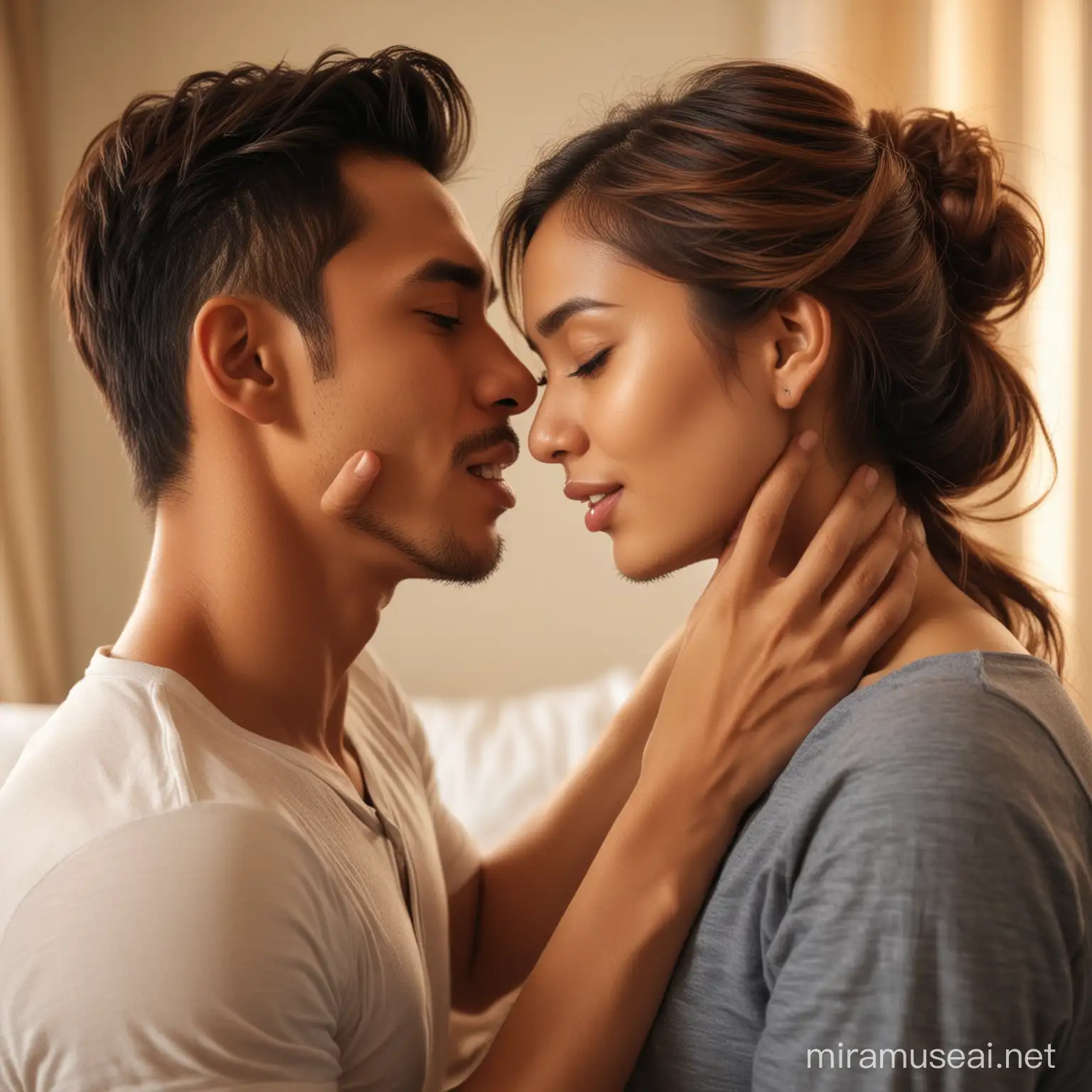 Romantic Indonesian Couple Embracing in Morning Bedroom Light