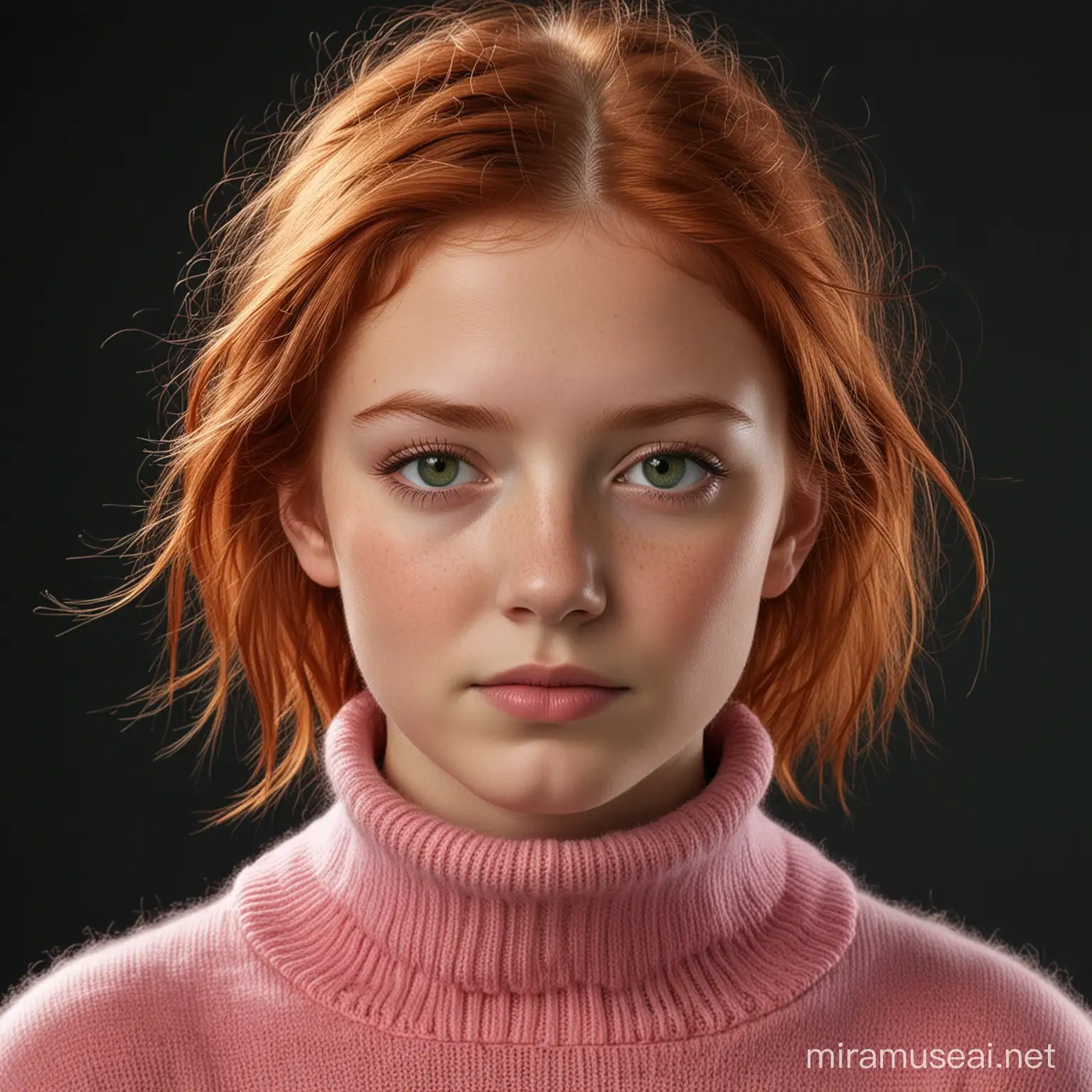 High-resolution photo of a natural-looking young girl with ginger copper red hair and very green eyes, no makeup, against a black background, wearing a thick pink knitted wool polo neck top