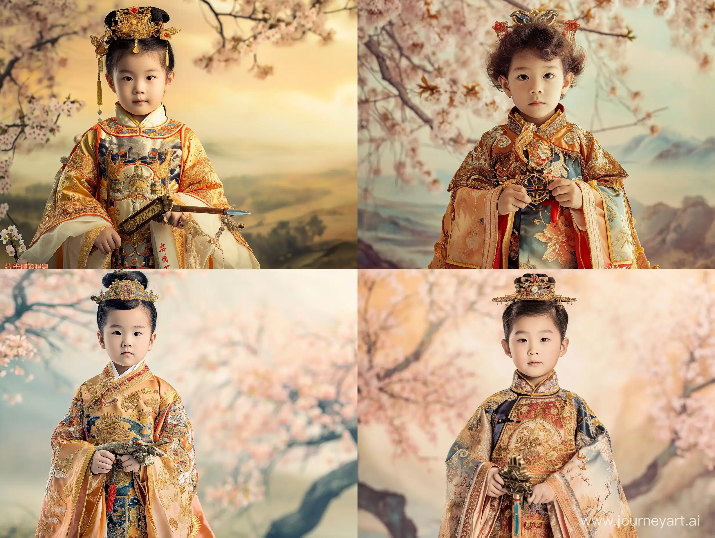 A captivating and enchanting image of a young child dressed in traditional ancient Chinese battle attire. The child stands tall and proud, donning a vibrant and intricately designed war robe, adorned with symbols of bravery and strength. The robe is made of rich silk fabric, embellished with golden threads and exquisite embroidery, showcasing the craftsmanship of ancient Chinese artisans. The child's face reflects determination and courage, as they hold a miniature replica of a legendary weapon, symbolizing their readiness to defend their homeland. The backdrop of the image depicts a serene landscape, with cherry blossom trees in full bloom, representing the beauty and resilience of the Chinese spirit. This evocative and high-resolution image captures the essence of ancient Chinese warriors, inspiring awe and admiration for the rich cultural heritage of China.