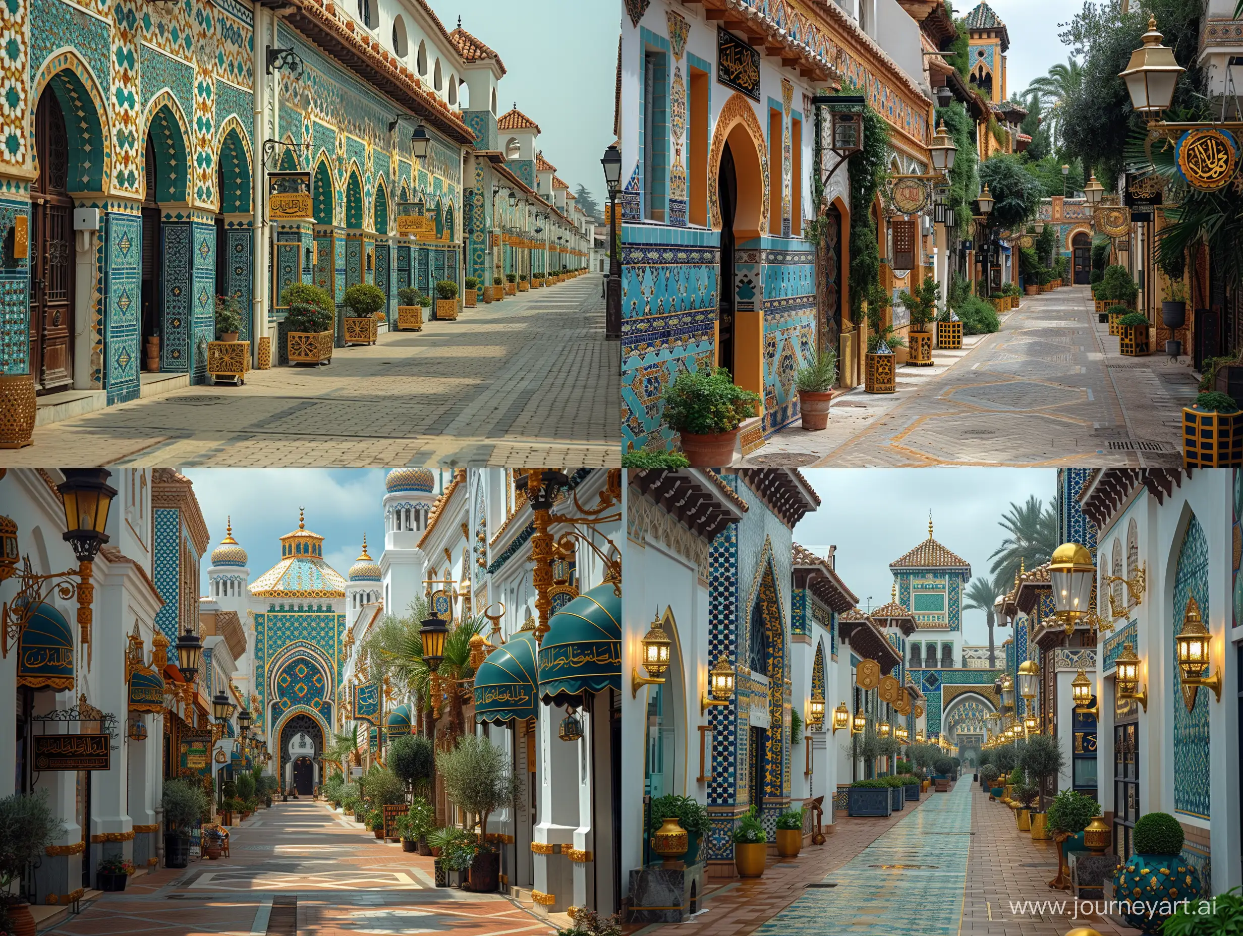 a street in a Moorish town full of Morocco Madrasa architectures in Paris, Ben youssef madrasa lined along the streets, all having Ben youssef madrasa exterior and Blue white turquoise gold tiled Islamic Geometric pattern Zellij, Moorish lamps and gold ornamented signboards --s 999