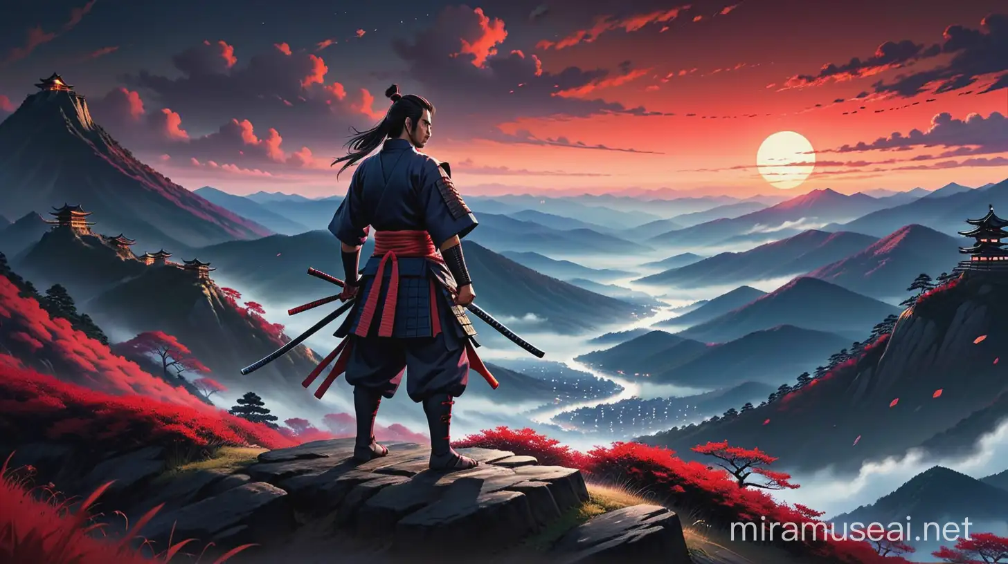 Imagine a samurai who is training in the dark on top of a windy mountain, and the twilight air is red and everywhere is dark, and the face of the samurai is unknown and hidden.