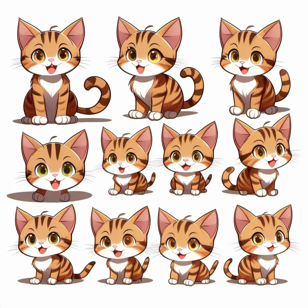 brown and tan tabby kitten, multiple poses and expressions, white background, happy, 2D animation style