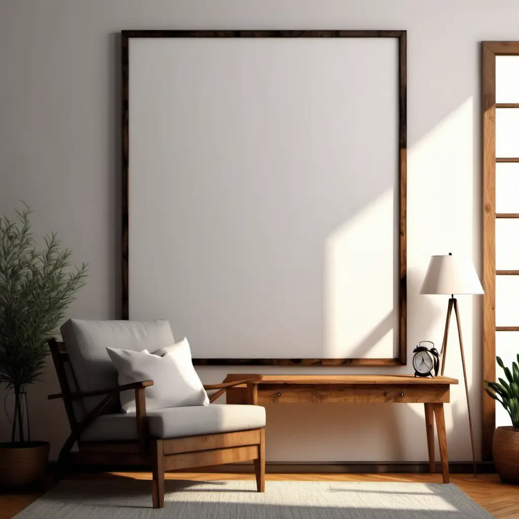 wooden poster white blank frame mockup, reflection, shadow overlay, cozy living room, farmhouse stlyle, warm room, 4K, exclude random objects,