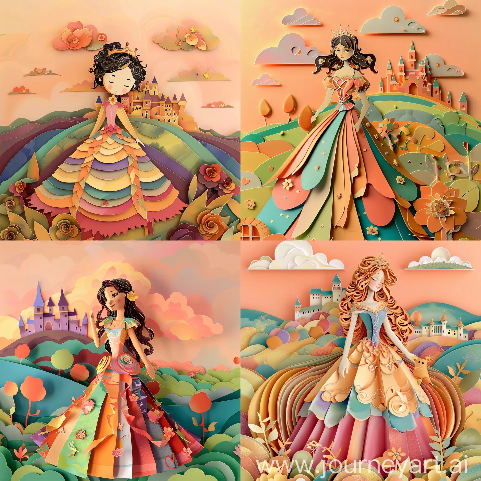 Cartoon-Princess-with-Colorful-Gown-in-Front-of-Hilltop-Castle