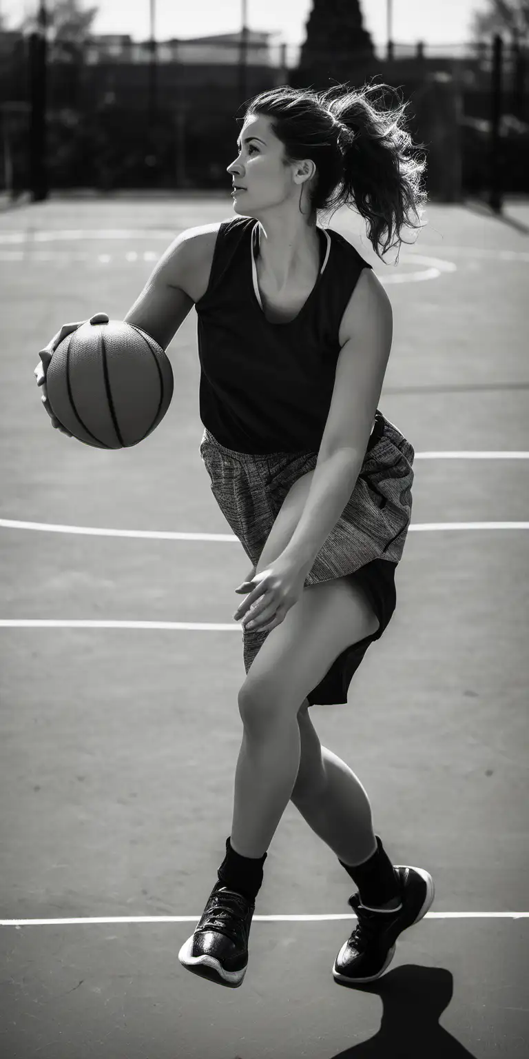 Active Woman Shooting Hoops on Basketball Court