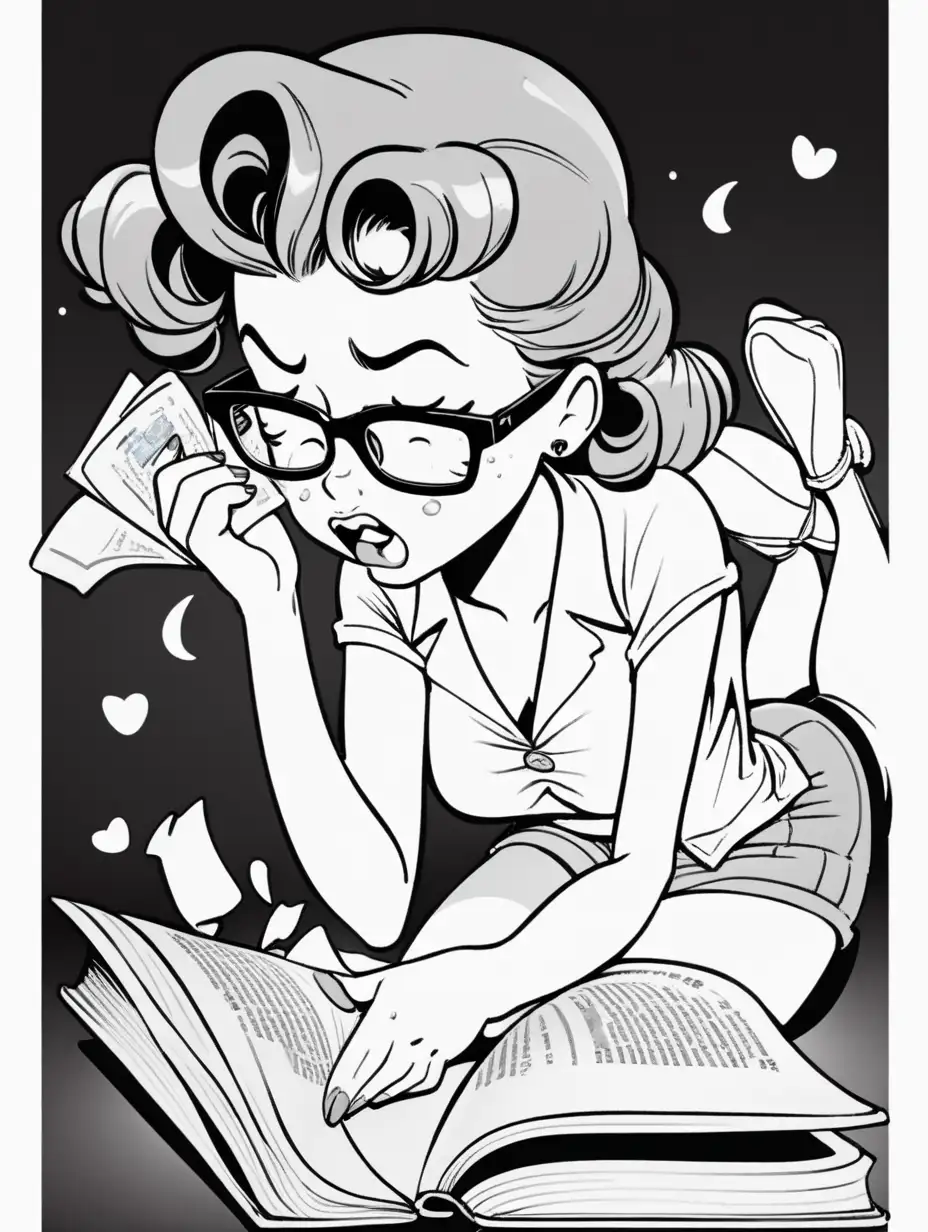 cartoon, pinup girl in glasses reading a book and crying with a tissue box