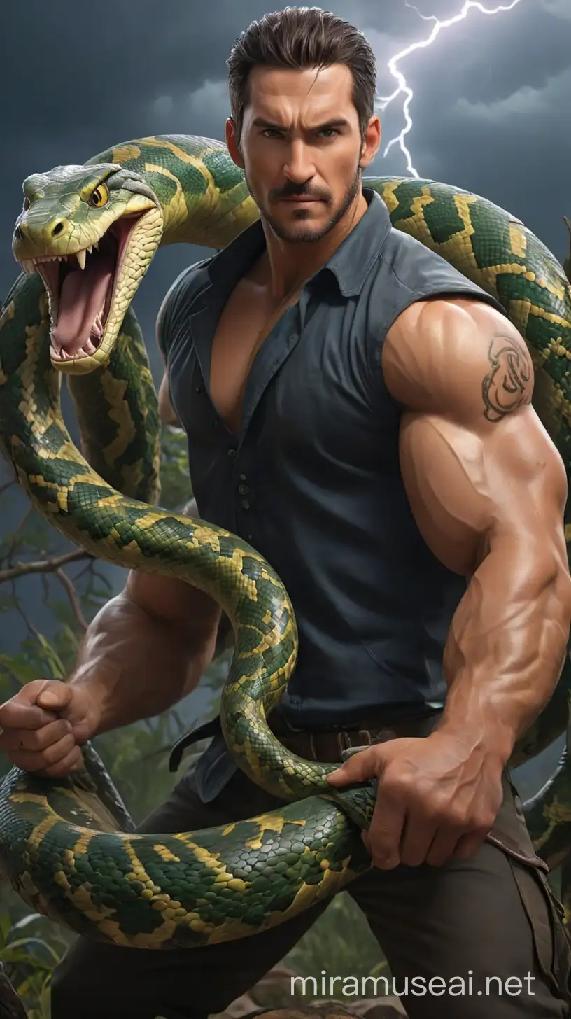 Generate a image exaggerated, hype realistic image , detailed textures and lightning, photo realistic ,dynamic and vivid of a man with a big snake holding in his two  hand 

