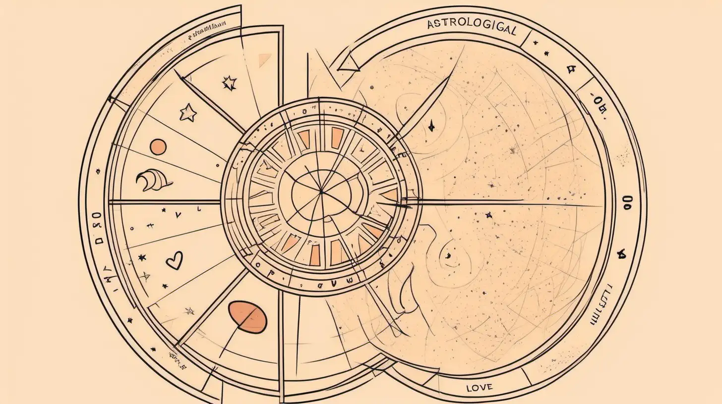Draw An astrological wheel  love couple . Loose lines. Muted color, with label style little text